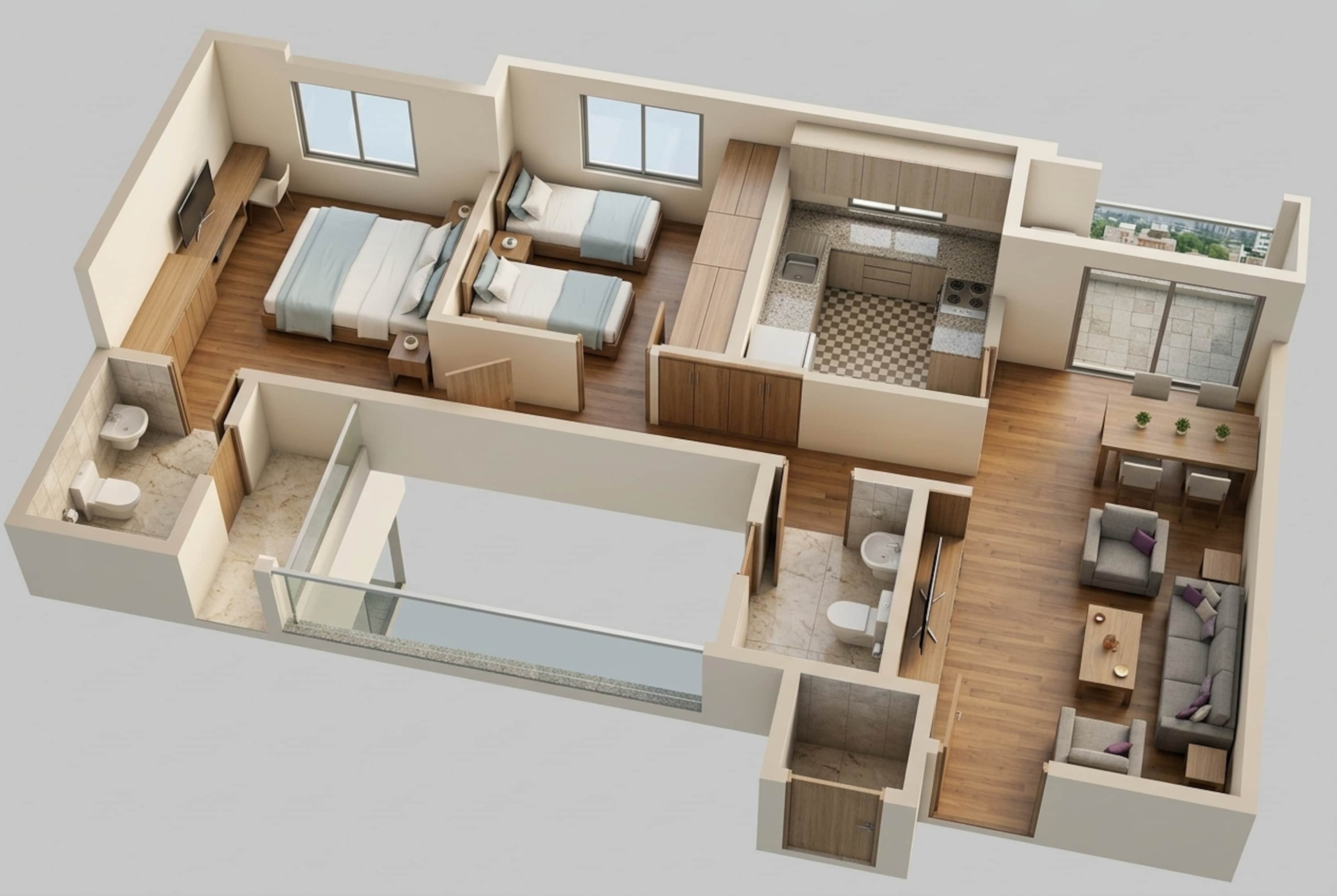 Floor plan of 2 BHK 1007 Sq. Ft. Apartment in Sobha Tropical Greens Phase 21 Wing 21 And 22, Bangalore