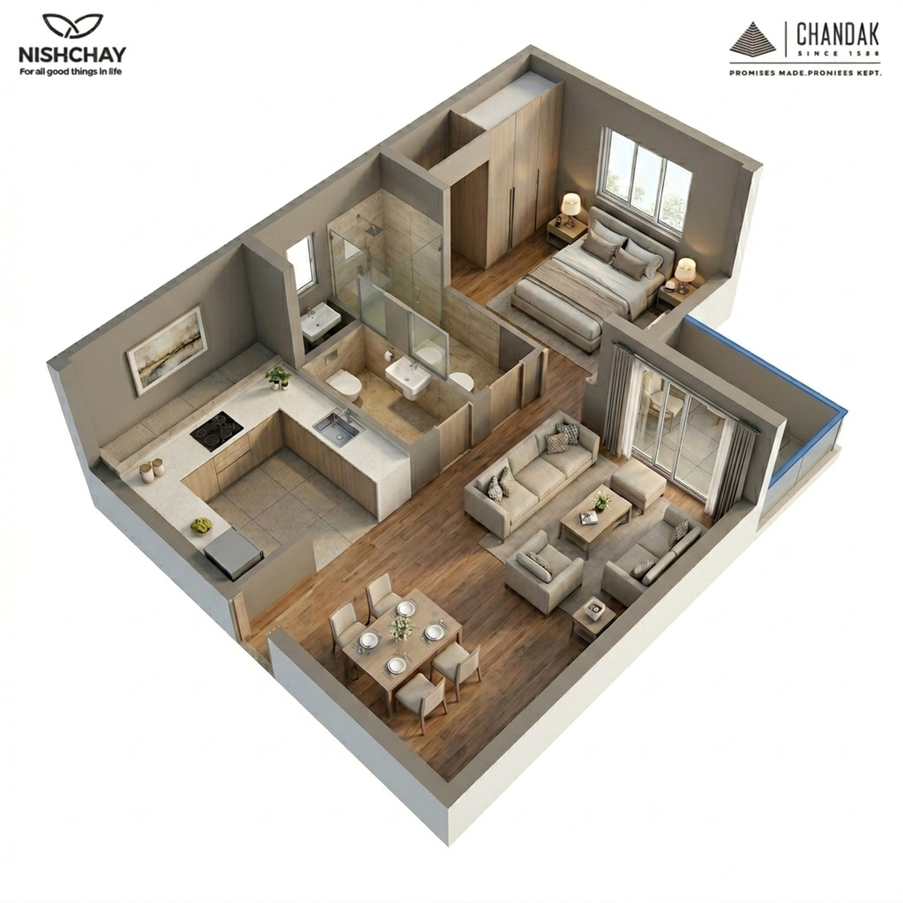 Floor plan of 1 BHK 342 Sq. Ft. Apartment in Chandak Nishchay Wing E, Mumbai