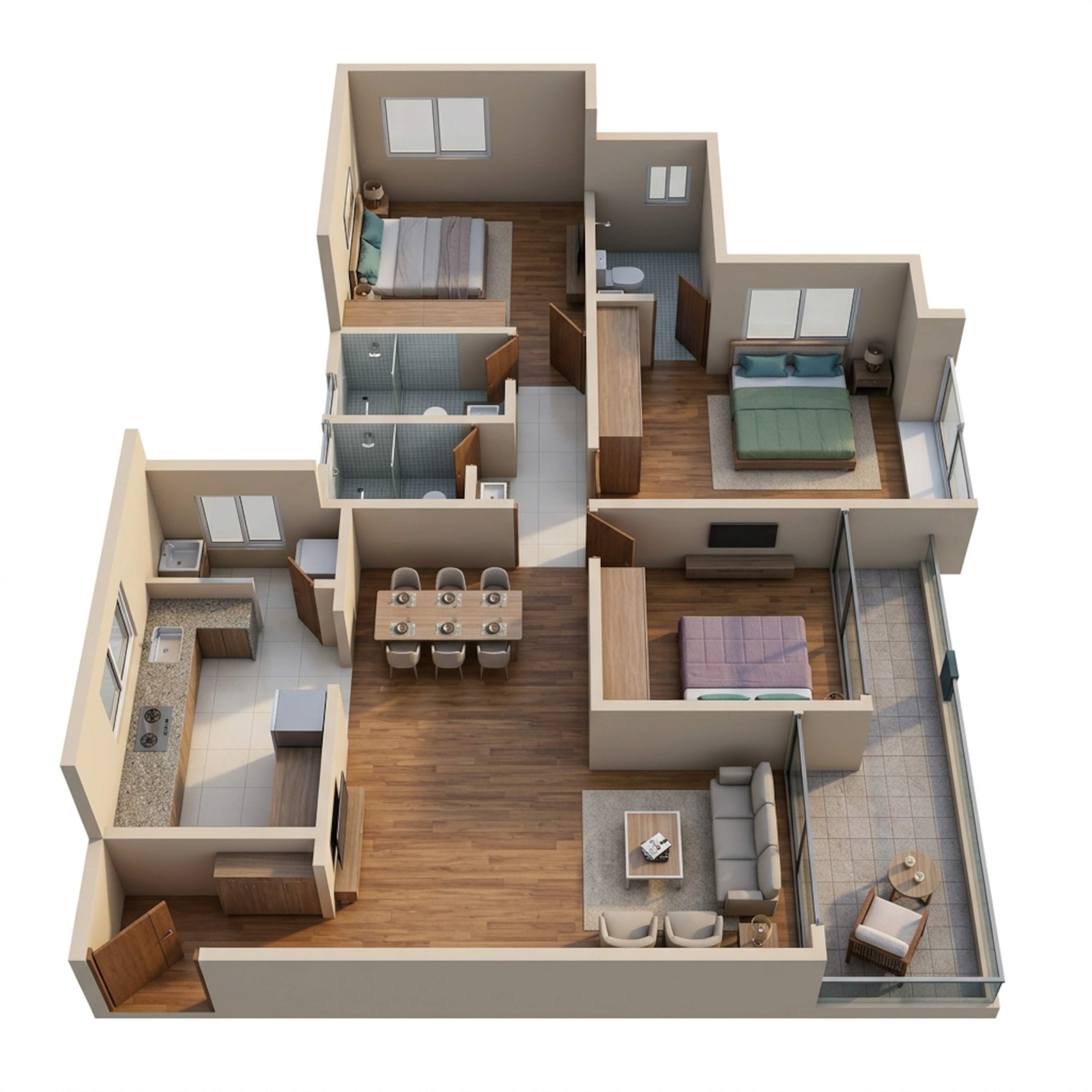 Floor plan of 3 BHK 1197 Sq. Ft. Apartment in Mahindra Happinest Tathawade Phase 1, Pune