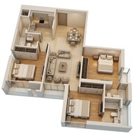 Floor plan of 3 BHK 739 Sq. Ft. Apartment in Sheth Auris Ilaria Tower A, Mumbai