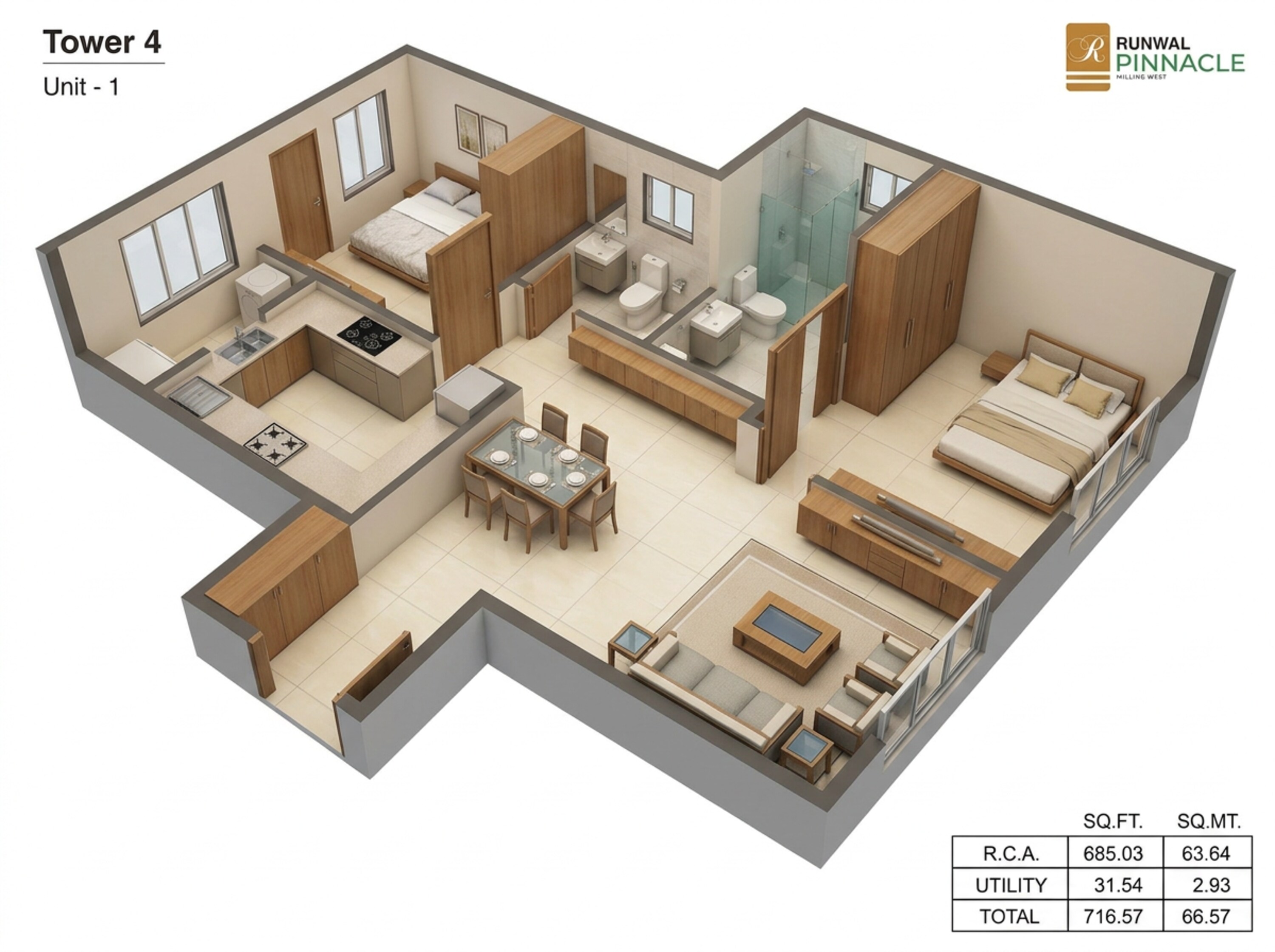 Floor plan of 2 BHK 717 Sq. Ft. Apartment in Runwal Pinnacle, Mumbai