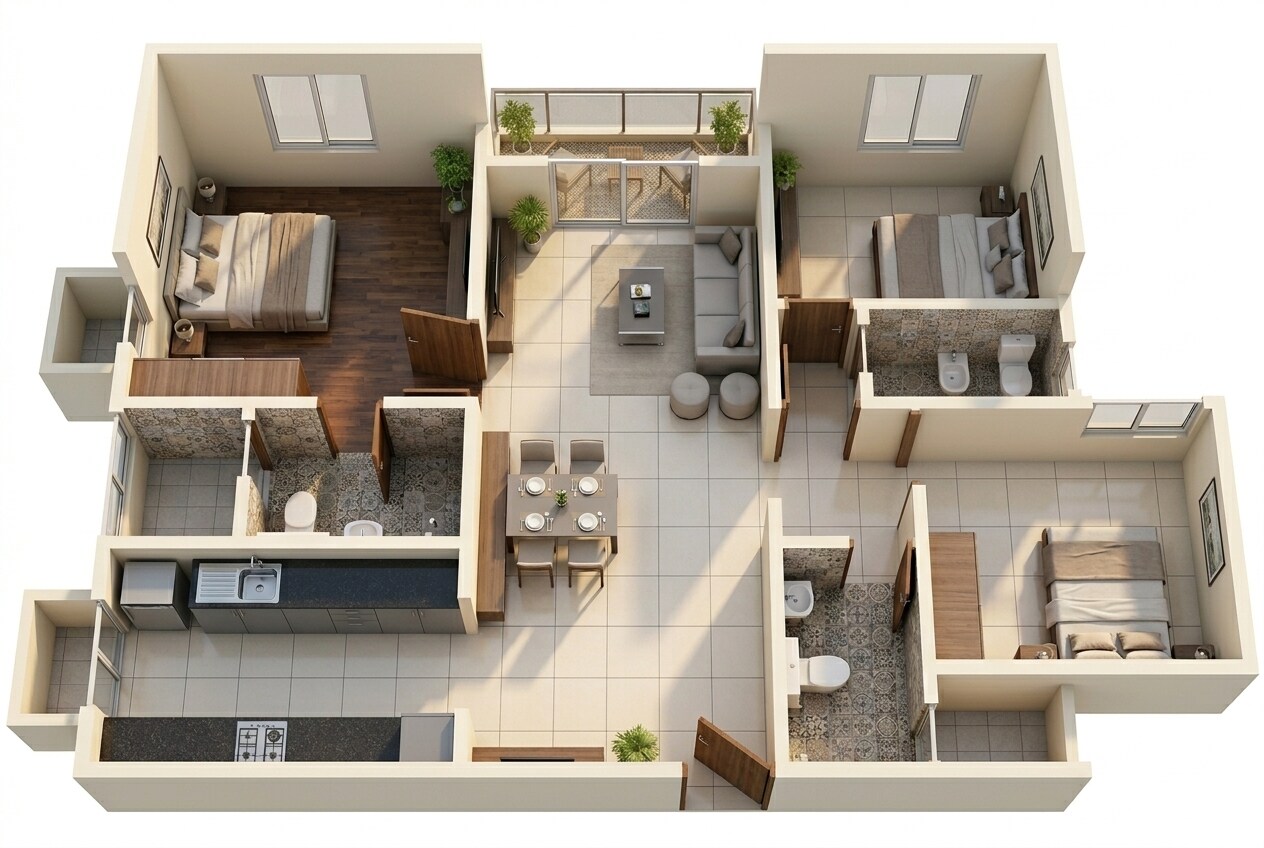 Floor plan of 3 BHK 971 Sq. Ft. Apartment in Brigade El Dorado Krypton, Bangalore