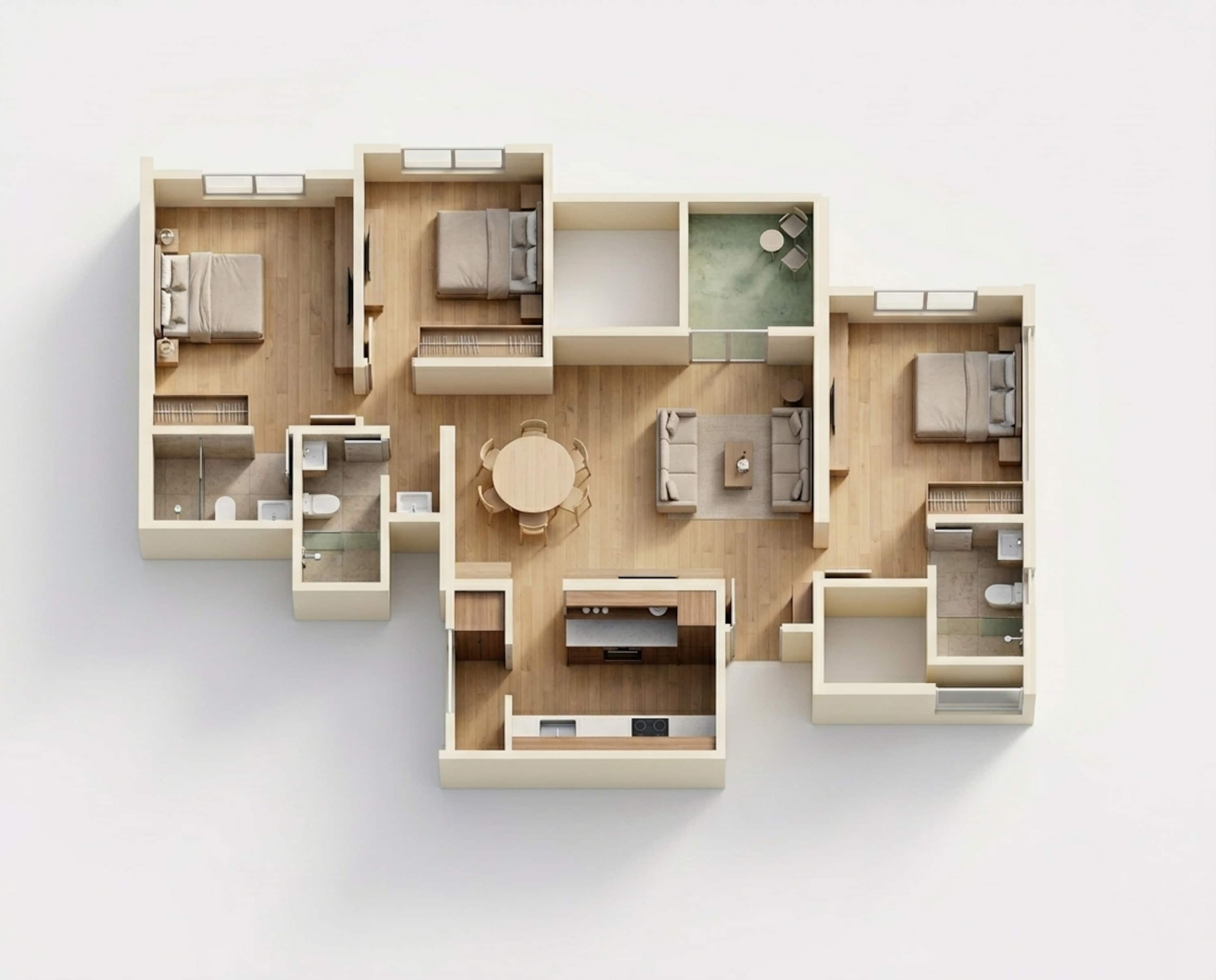 Floor plan of 3 BHK 1005 Sq. Ft. Apartment in VTP Leonara Building C and F, Pune