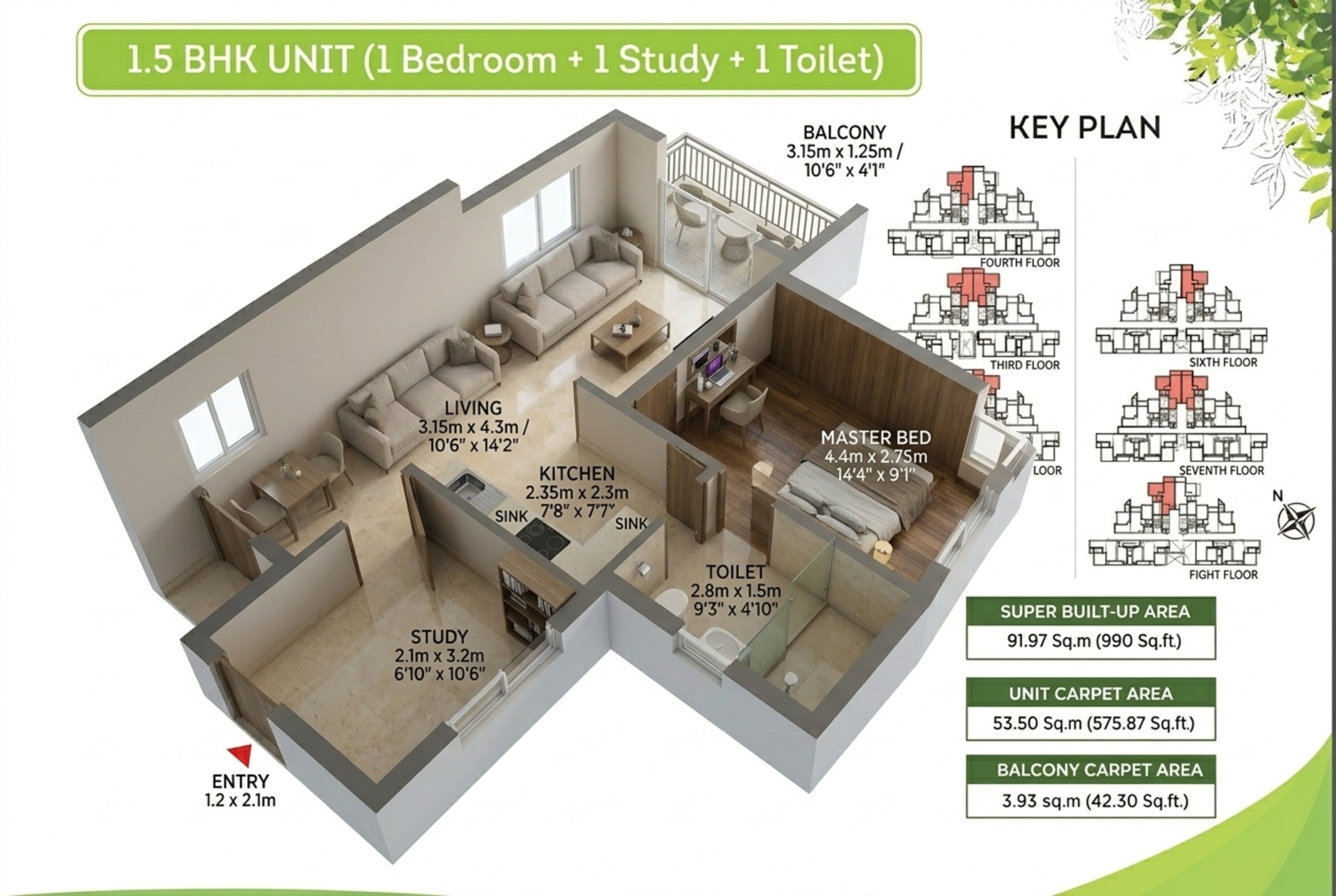Floor plan of 1 BHK 990 Sq. Ft. Apartment in Goldspire At Brigade Orchards, Bangalore