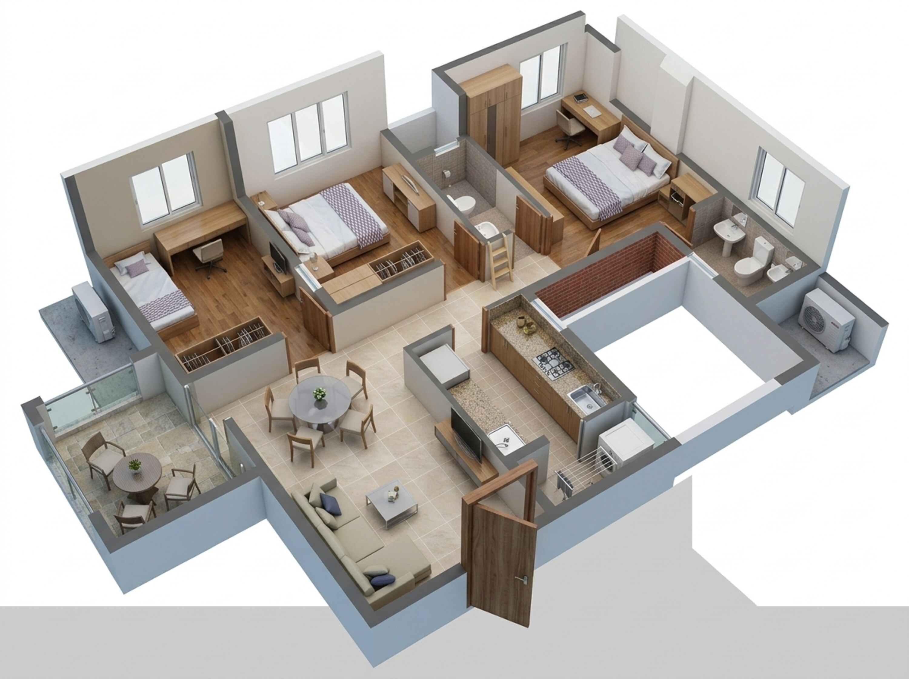 Floor plan of 3 BHK 1052 Sq. Ft. Apartment in Godrej Orchard, Kolkata
