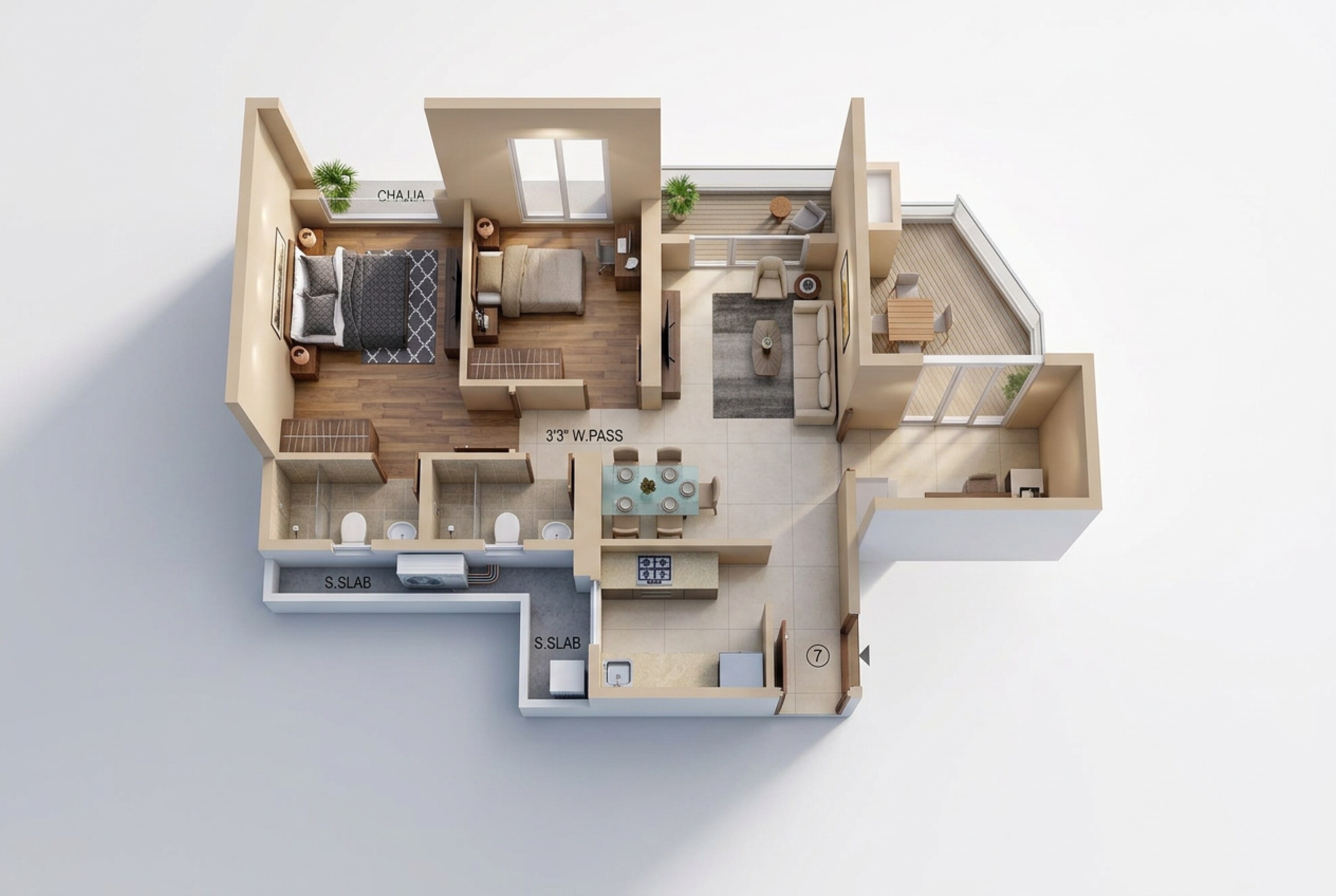 Floor plan of 2 BHK 600 Sq. Ft. Apartment in Runwal Code Name Enchanted, Thane