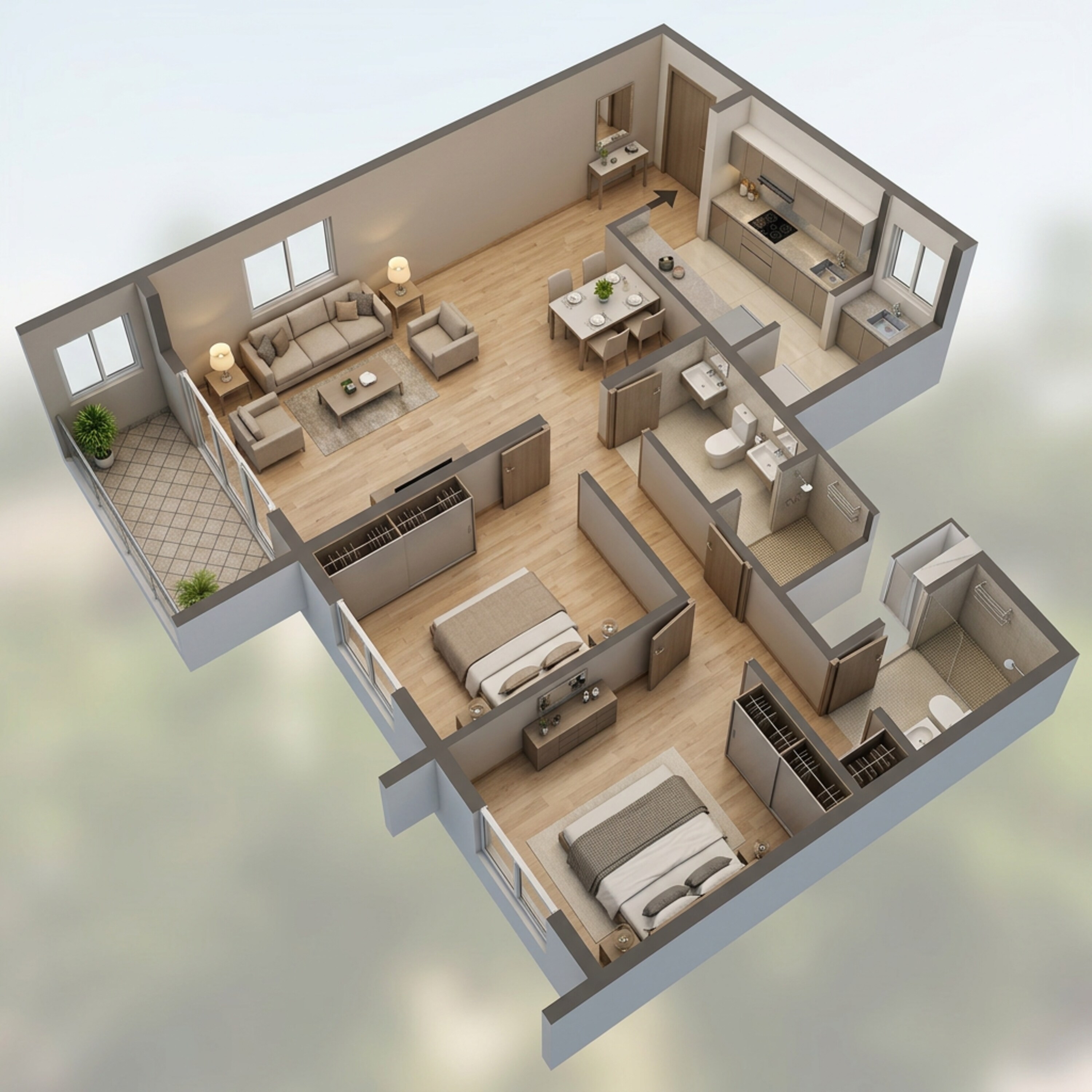 Floor plan of 2 BHK 788 Sq. Ft. Apartment in K Raheja Sterling, Pune