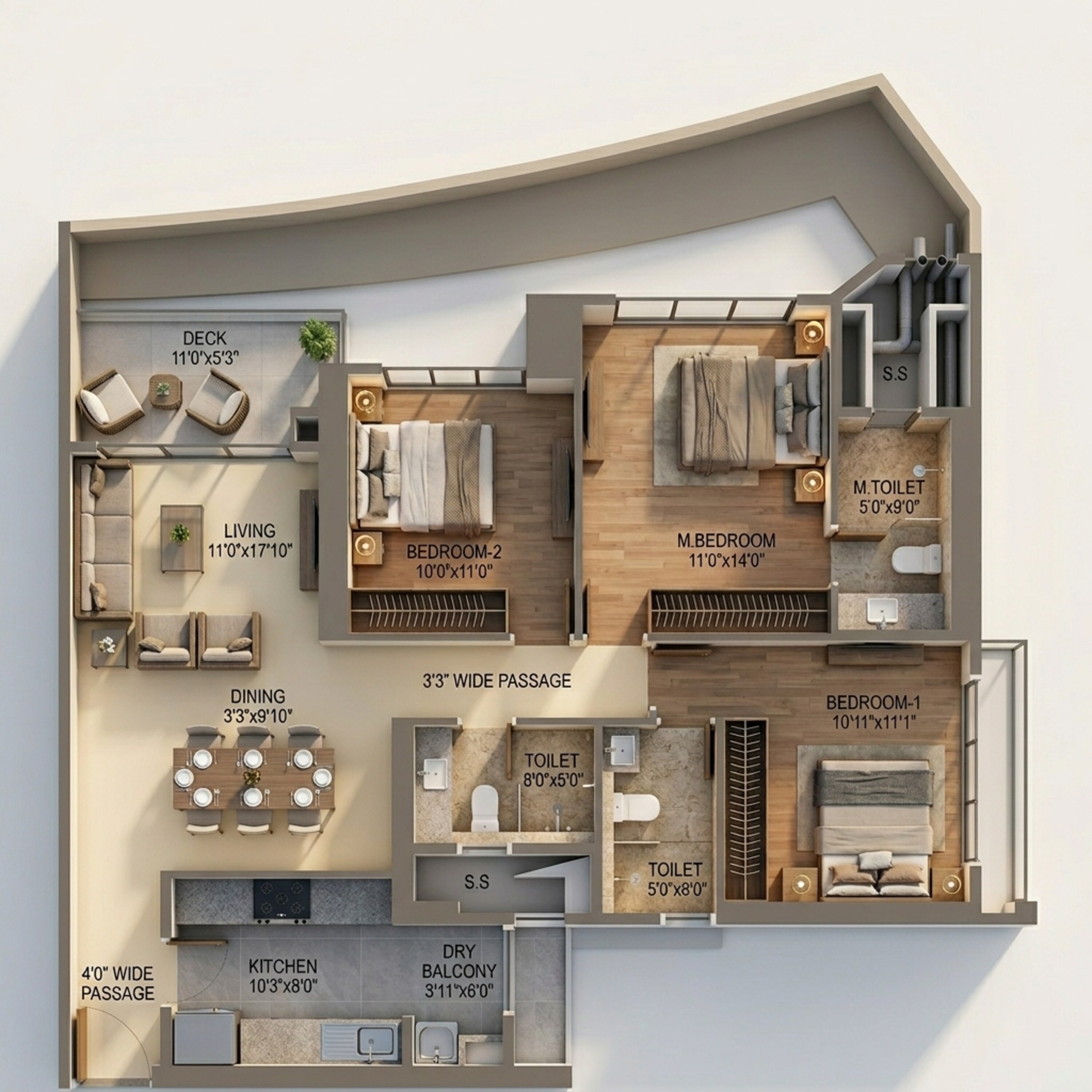 Floor plan of 3 BHK 1049 Sq. Ft. Apartment in The Prestige City, Mumbai