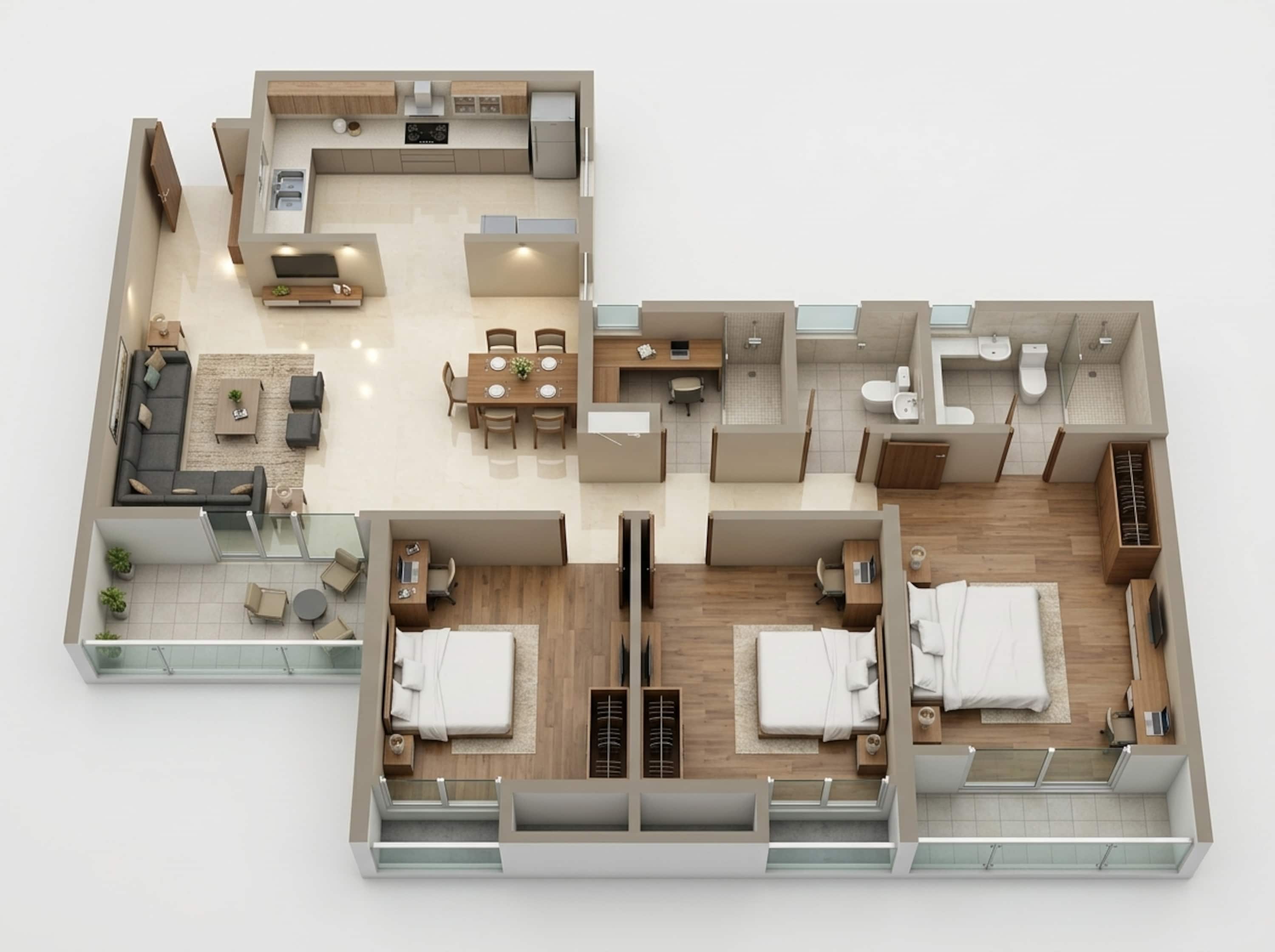 Floor plan of 3 BHK 1045 Sq. Ft. Apartment in Ashiana Malhar, Pune