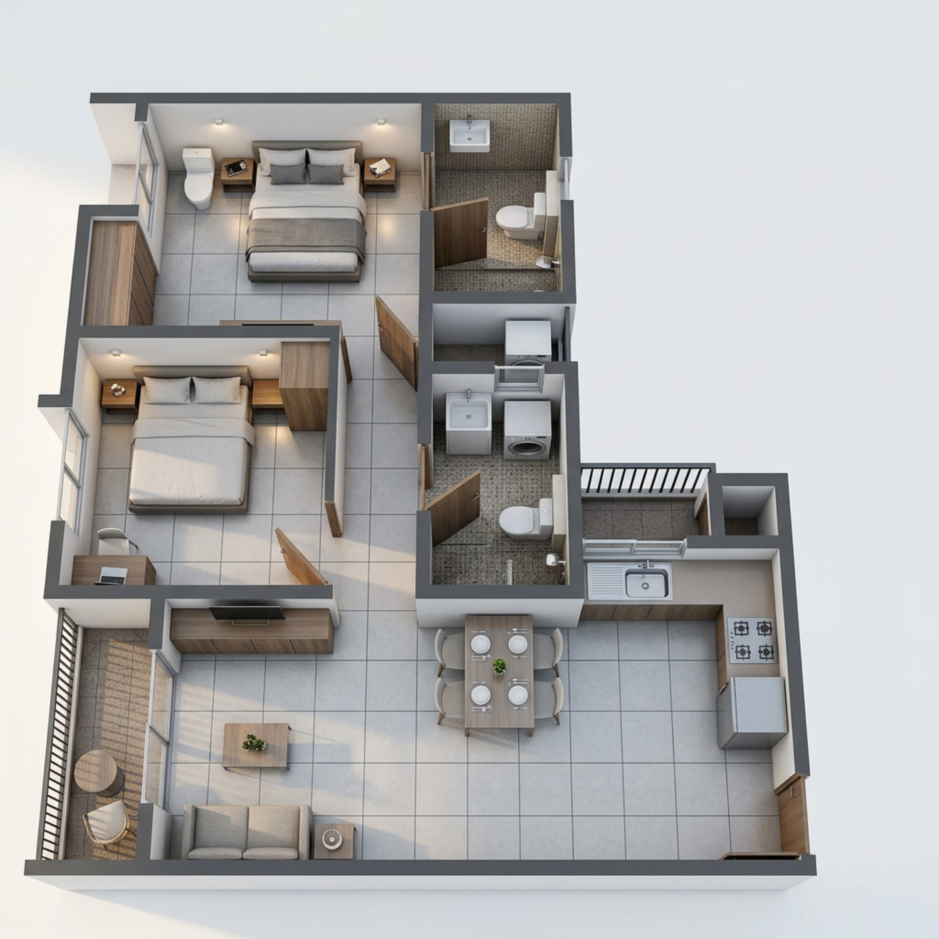 Floor plan of 2 BHK 1290 Sq. Ft. Apartment in Brigade Orchards, Bangalore