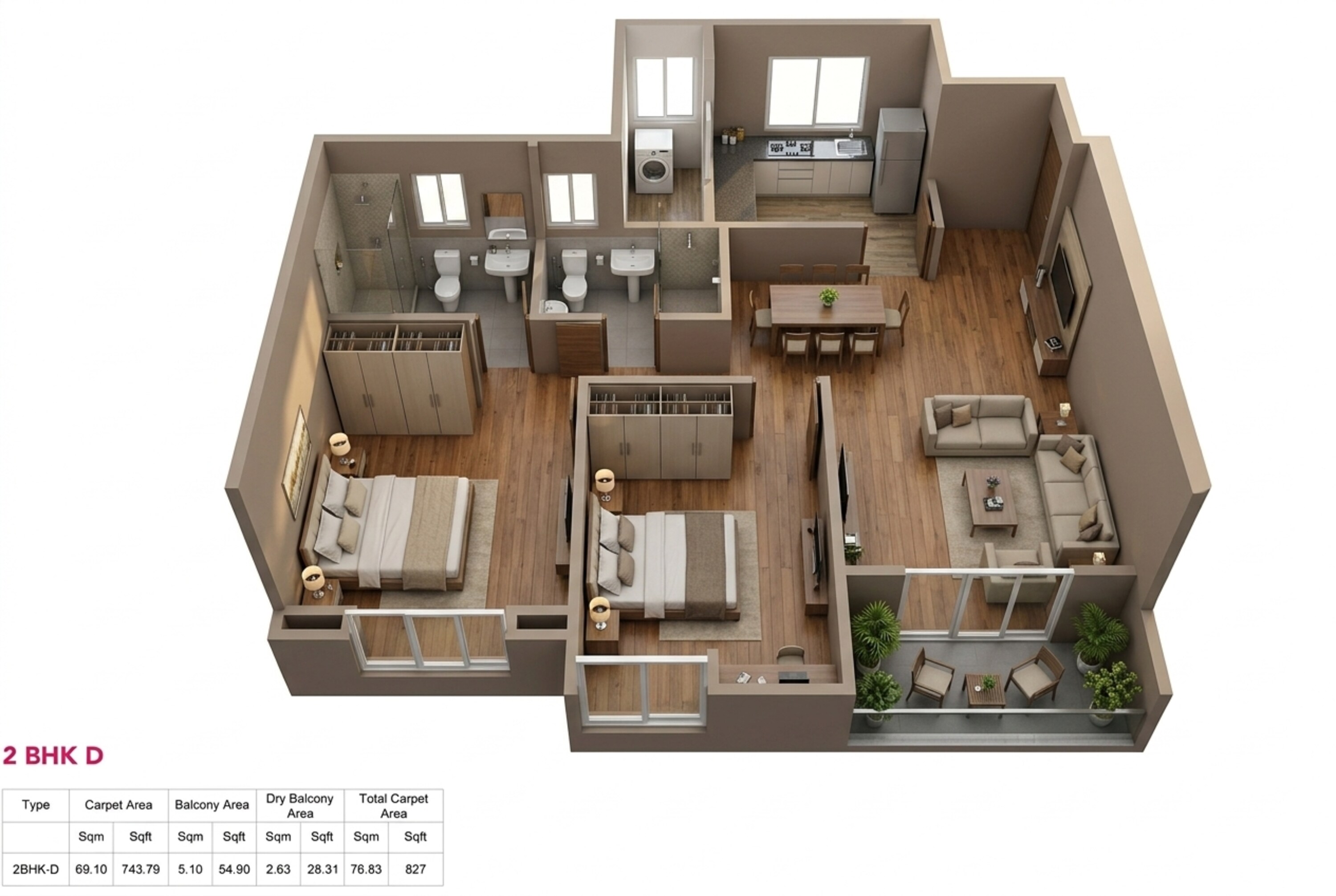 Floor plan of 2 BHK 744 Sq. Ft. Apartment in Kohinoor Sapphire 3, Pune