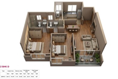 Floor plan of 2 BHK 744 Sq. Ft. Apartment in Kohinoor Sapphire 3, Pune