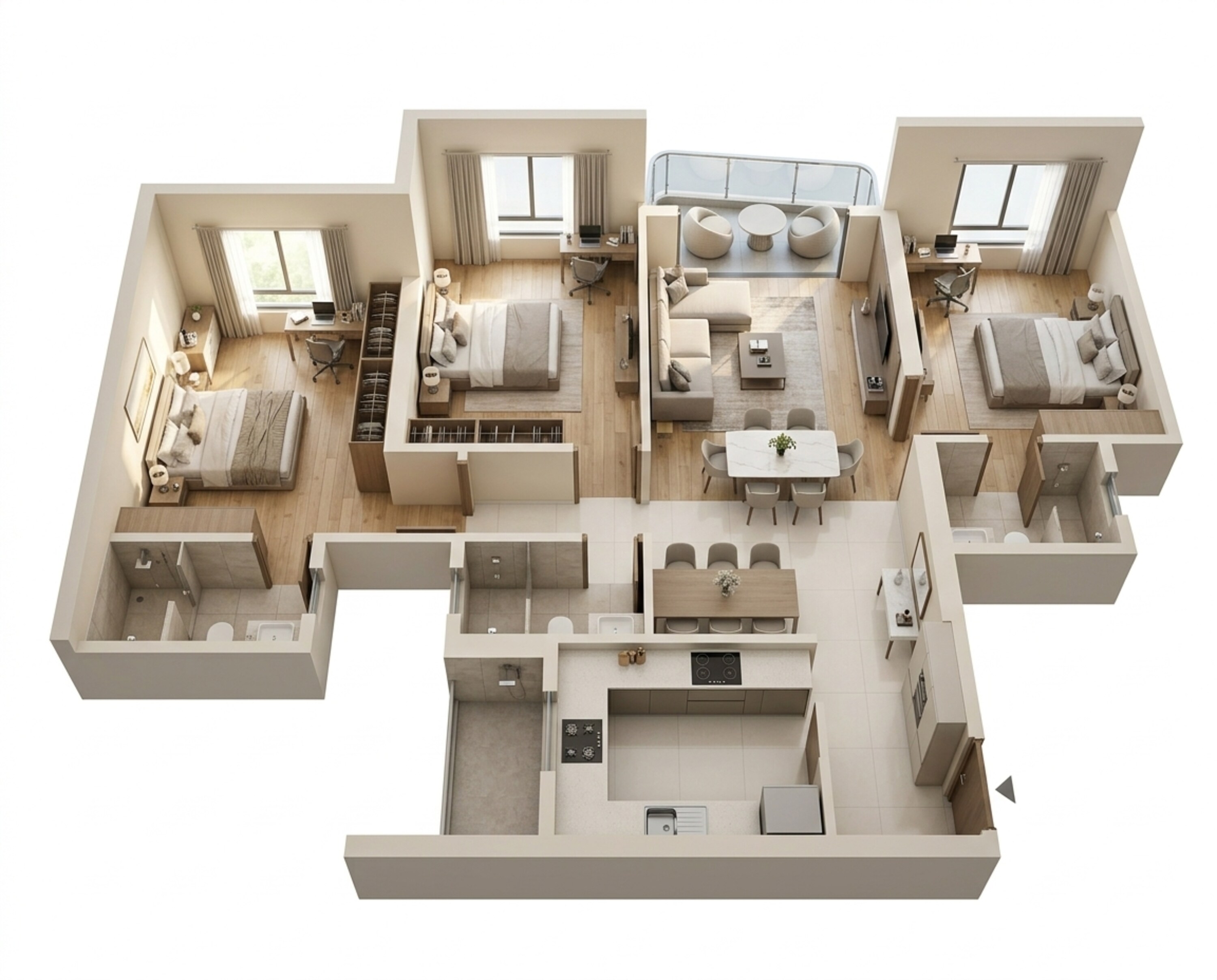 Floor plan of 3 BHK 1048 Sq. Ft. Apartment in LnT Island Cove, Mumbai