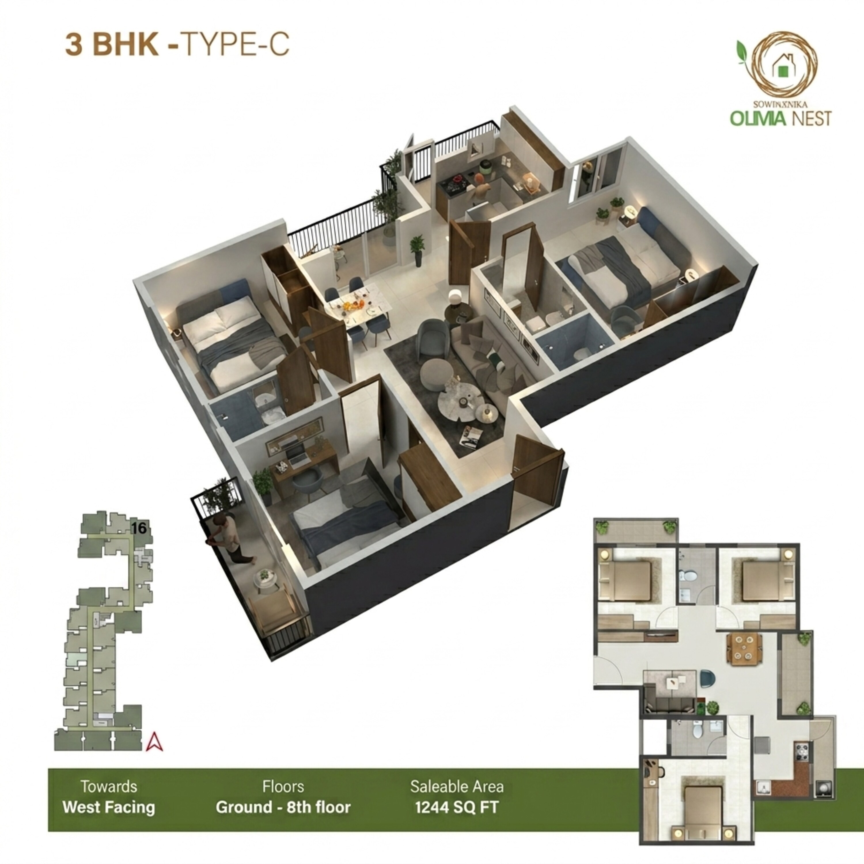 Floor plan of 3 BHK 1244 Sq. Ft. Apartment in Sowparnika Olivia Nest, Bangalore