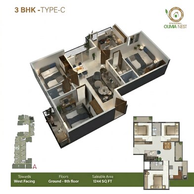 Floor plan of 3 BHK 1244 Sq. Ft. Apartment in Sowparnika Olivia Nest, Bangalore