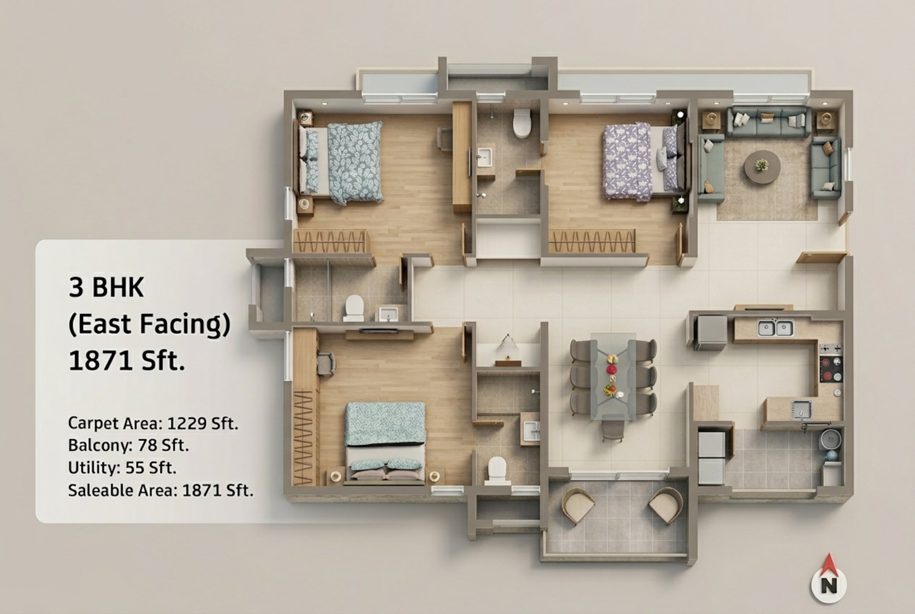 Floor plan of 3 BHK 1871 Sq. Ft. Apartment in Aparna Cyber On, Hyderabad
