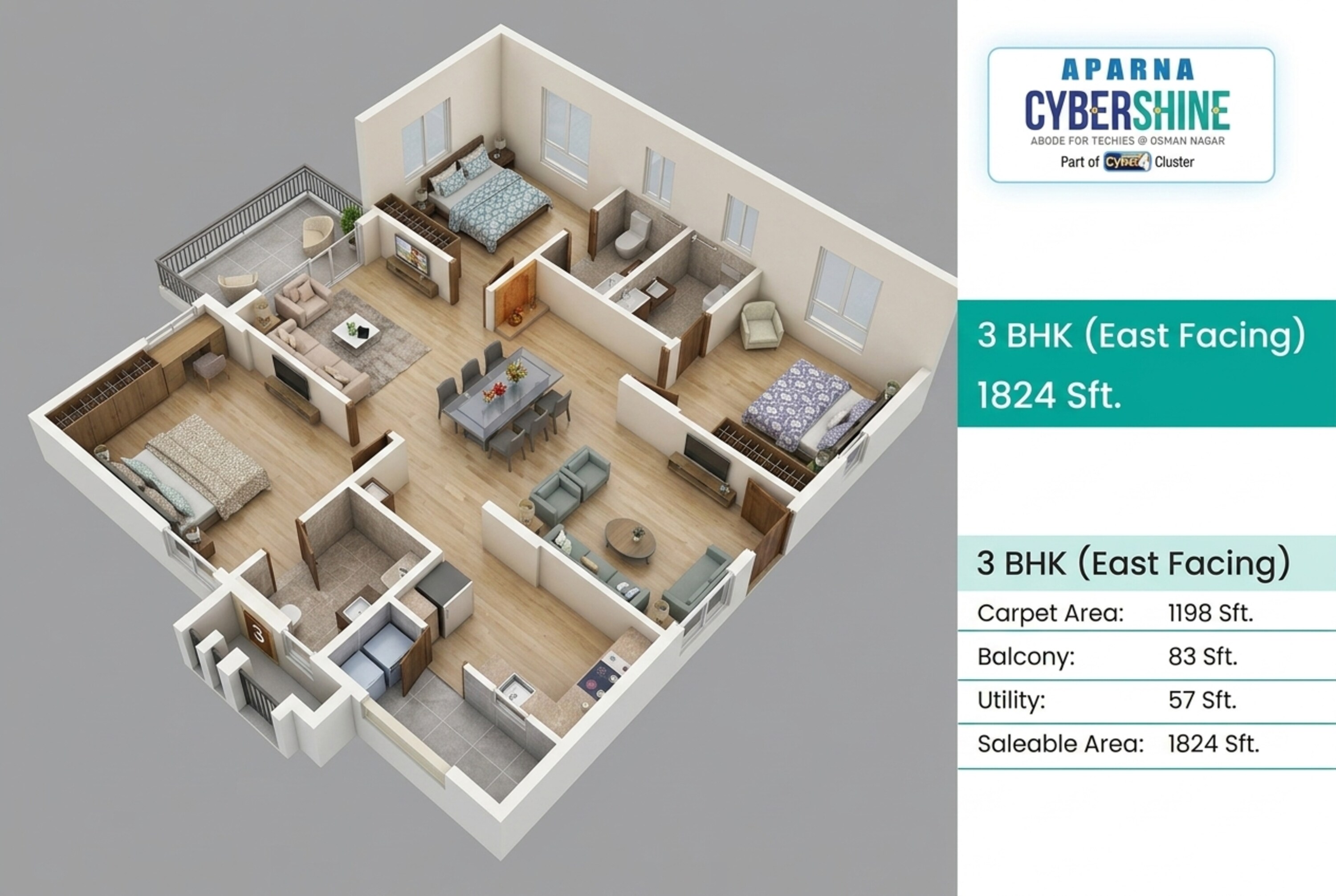 Floor plan of 3 BHK 1824 Sq. Ft. Apartment in Aparna Cyber Shine, Hyderabad