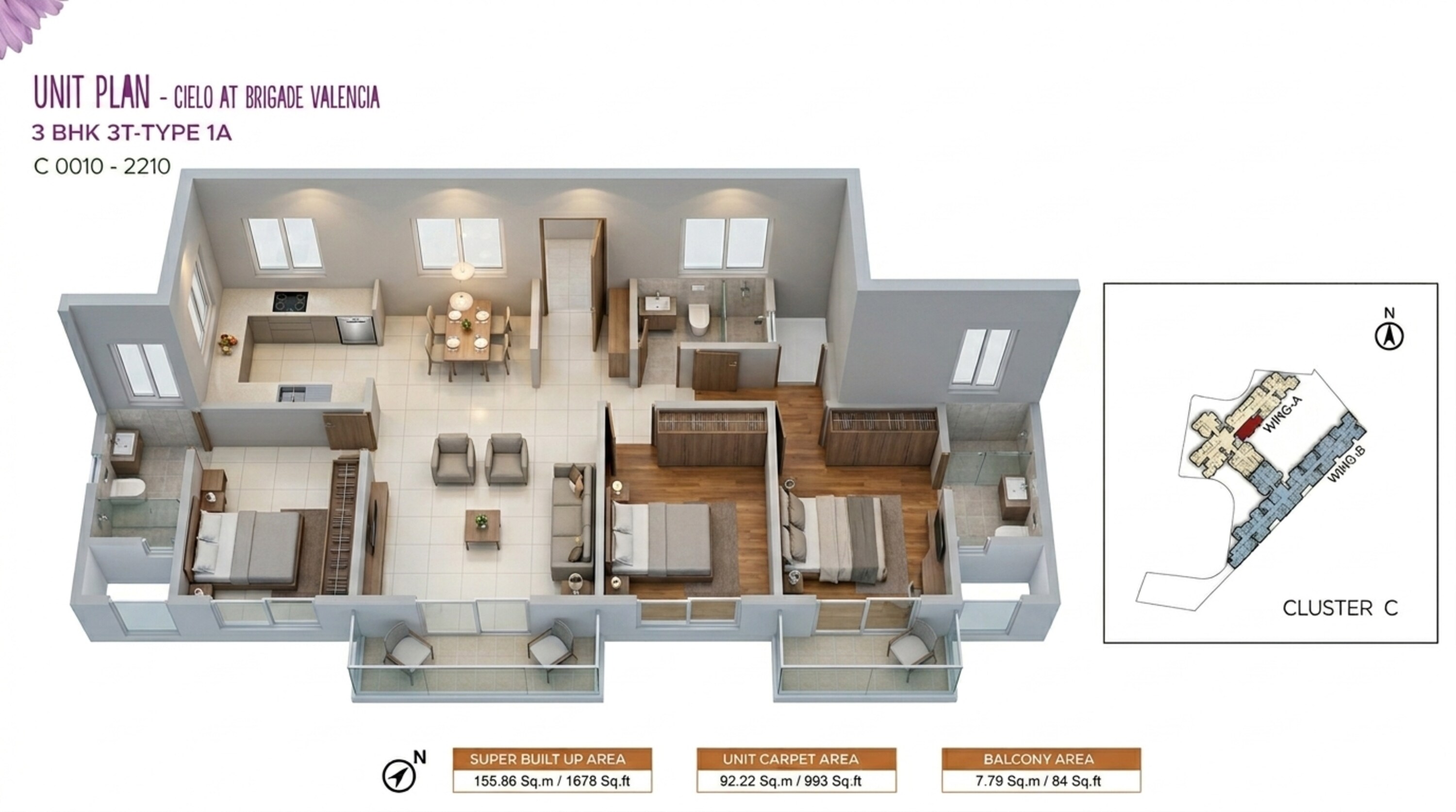 Floor plan of 3 BHK 1678 Sq. Ft. Apartment in Brigade Valencia, Bangalore