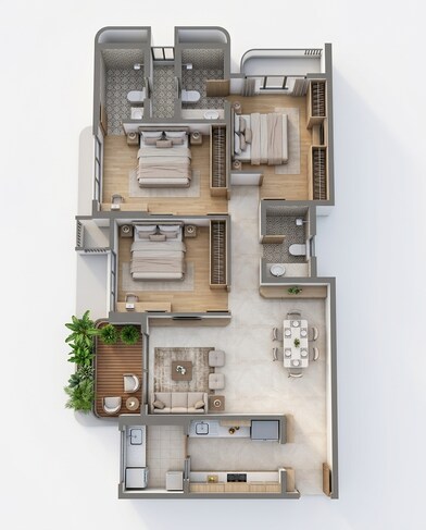 Floor plan of 3 BHK 1122 Sq. Ft. Apartment in Lodha Panache, Pune