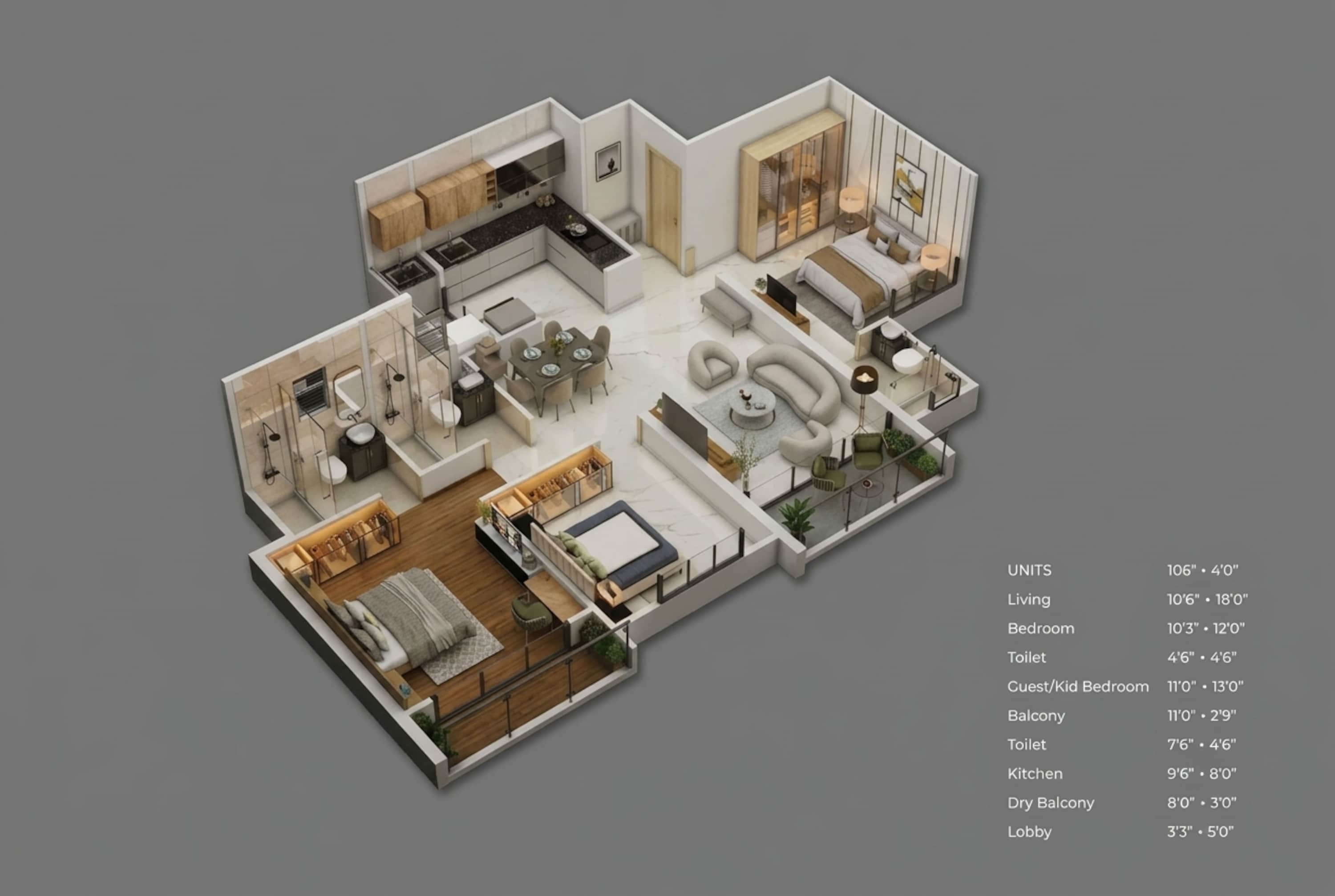 Floor plan of 3 BHK 1007 Sq. Ft. Apartment in Saheel Itrend Futura, Pune