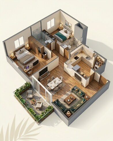 Floor plan of 2 BHK 978 Sq. Ft. Apartment in Ashiana Amodh, Pune