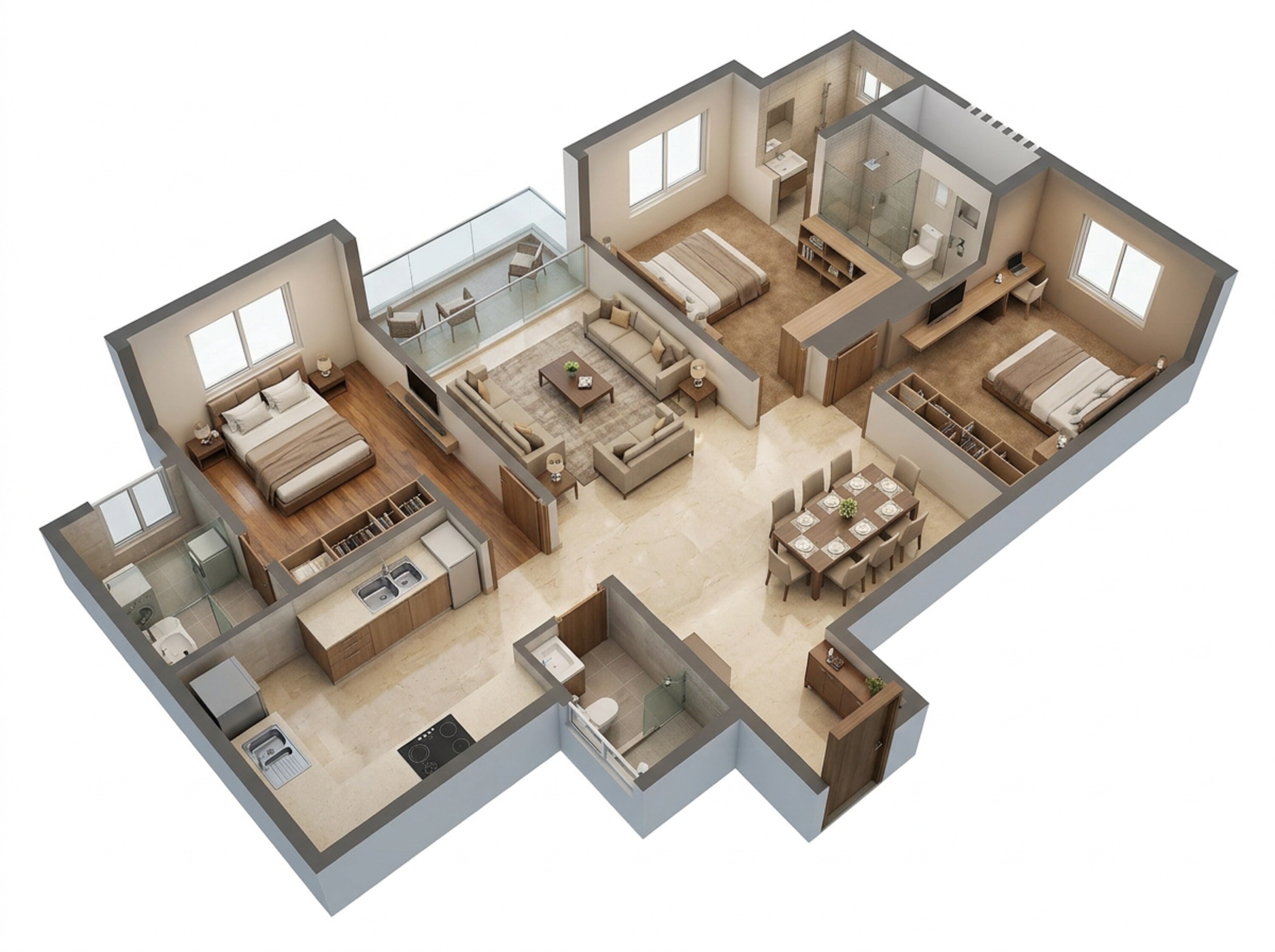 Floor plan of 3 BHK 881 Sq. Ft. Apartment in Rustomjee La Vie, Thane