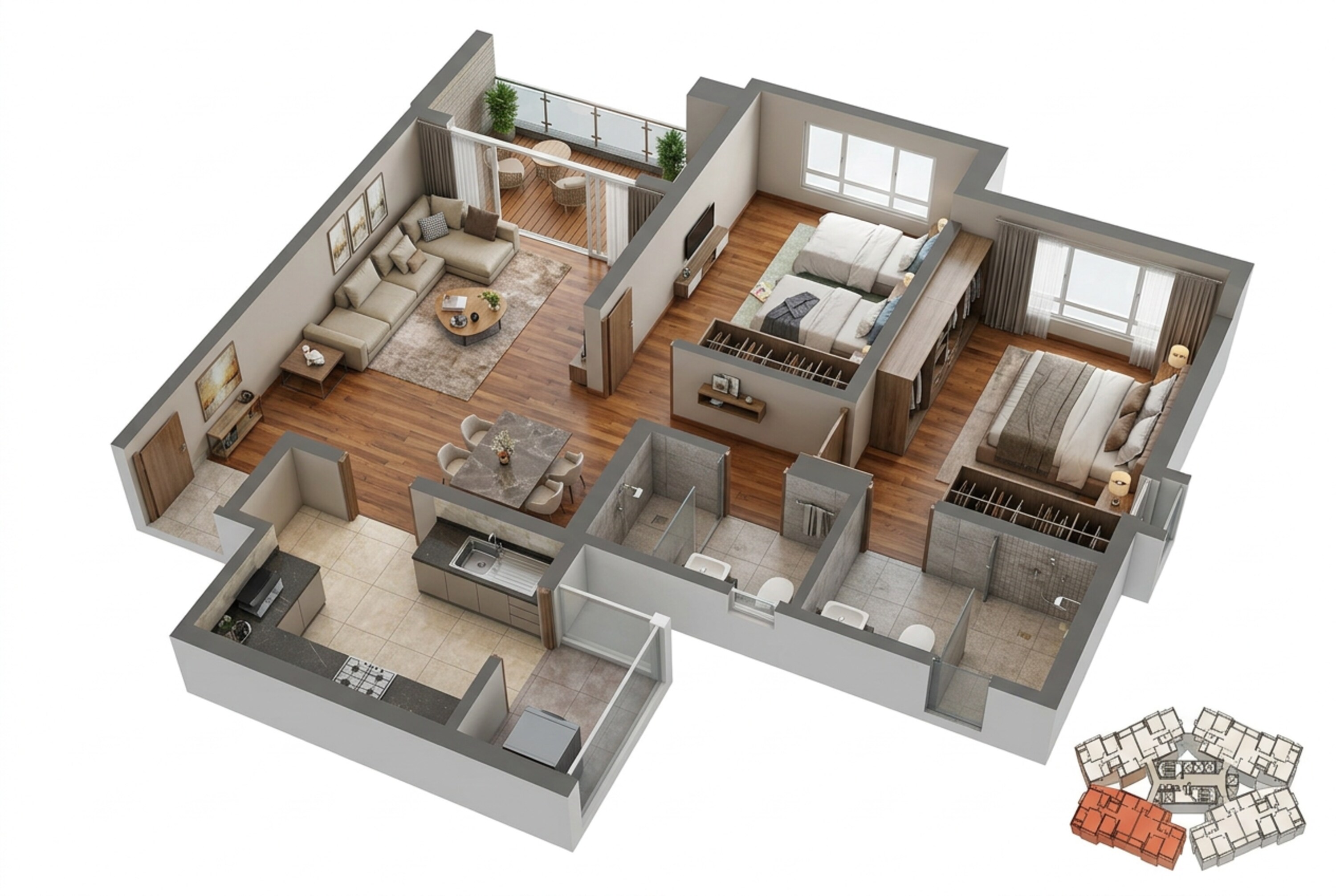 Floor plan of 2 BHK 750 Sq. Ft. Apartment in Gera Joy On The Tree Tops, Pune