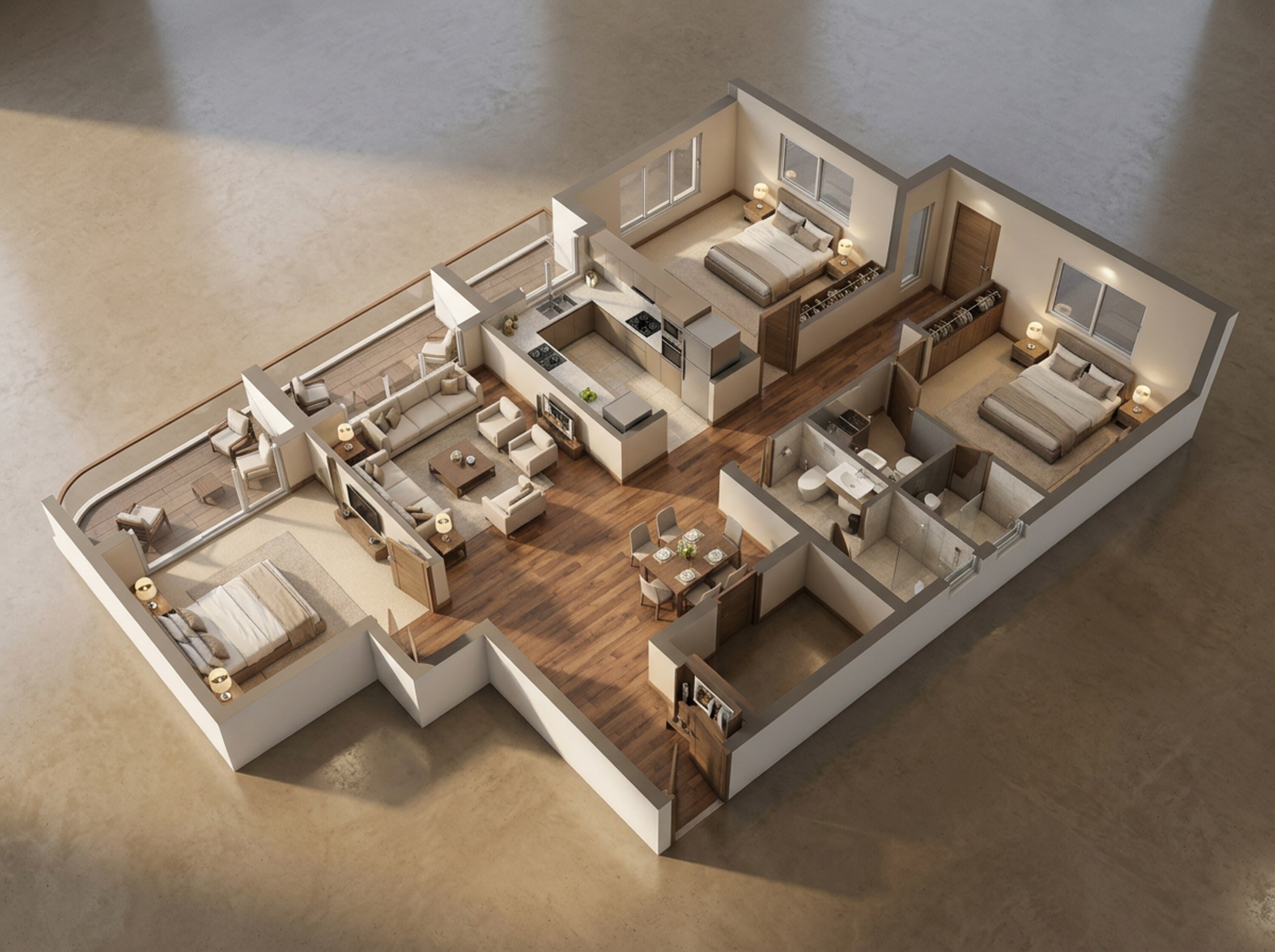 Floor plan of 3 BHK 743 Sq. Ft. Apartment in Rustomjee Urban Woods, Thane