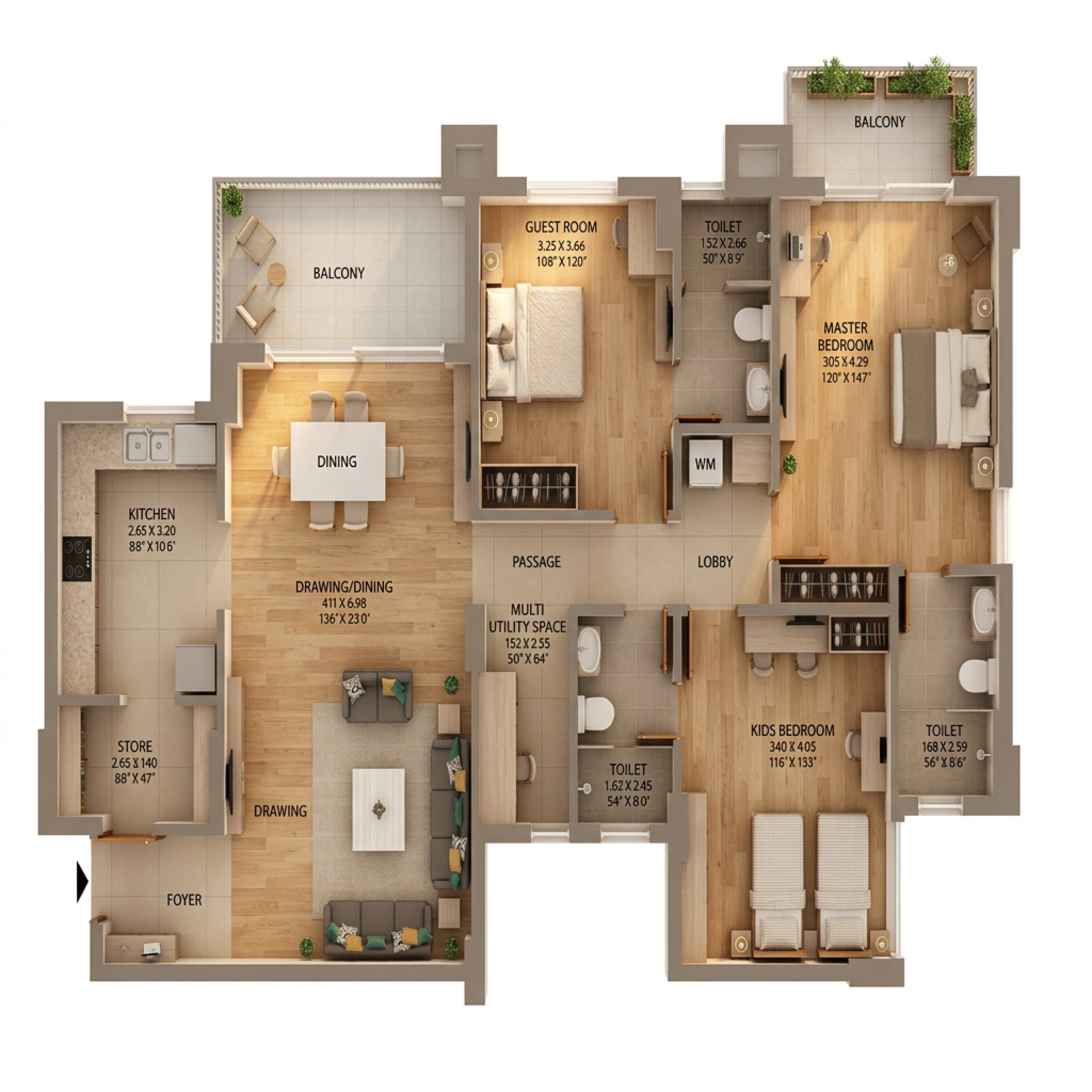 Floor plan of 3 BHK 1550 Sq. Ft. Apartment in Ashiana Ekansh, Jaipur