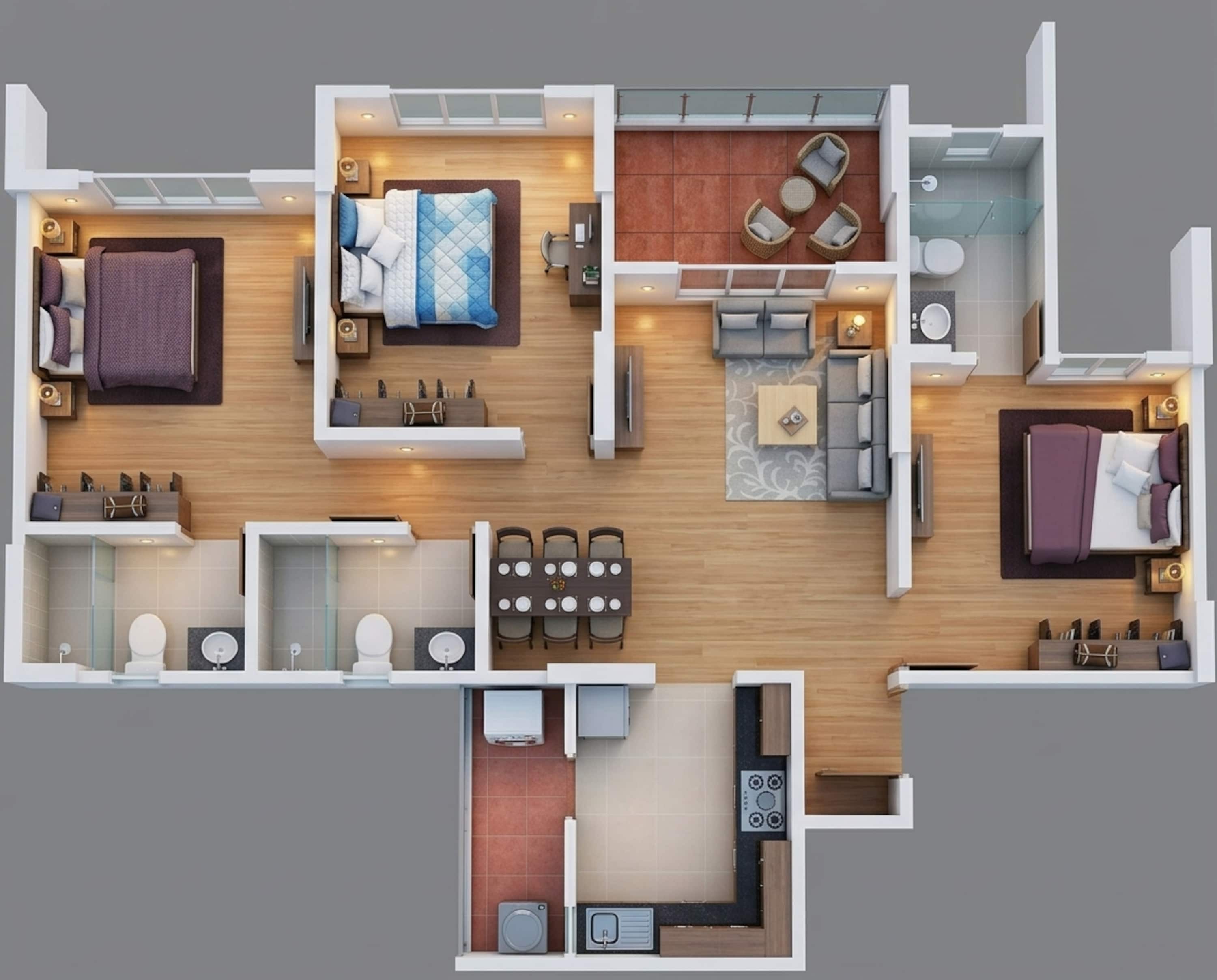 Floor plan of 3 BHK 842 Sq. Ft. Apartment in Geras World of Joy S, Pune