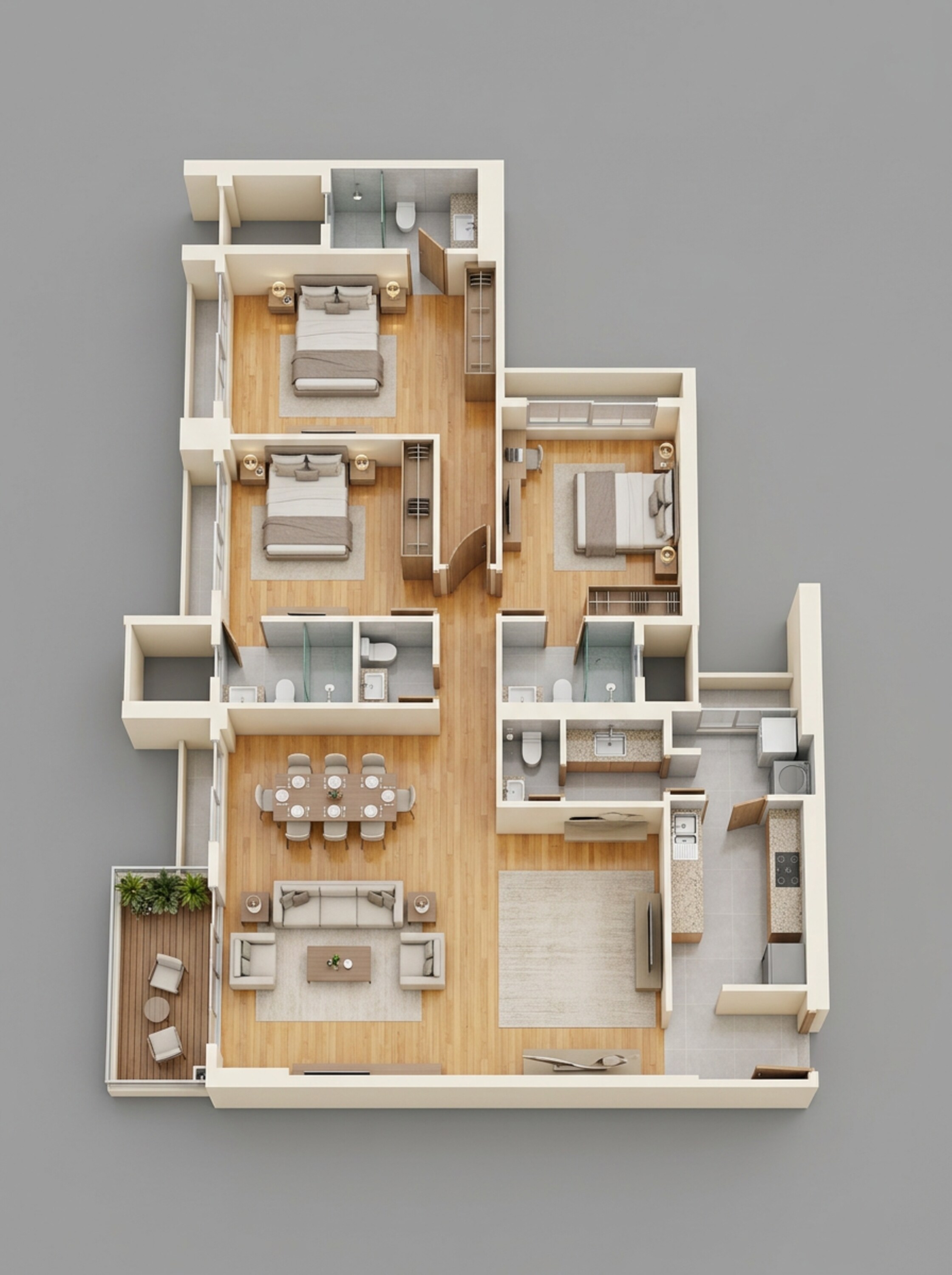 Floor plan of 3 BHK 1311 Sq. Ft. Apartment in K Raheja Antares, Mumbai