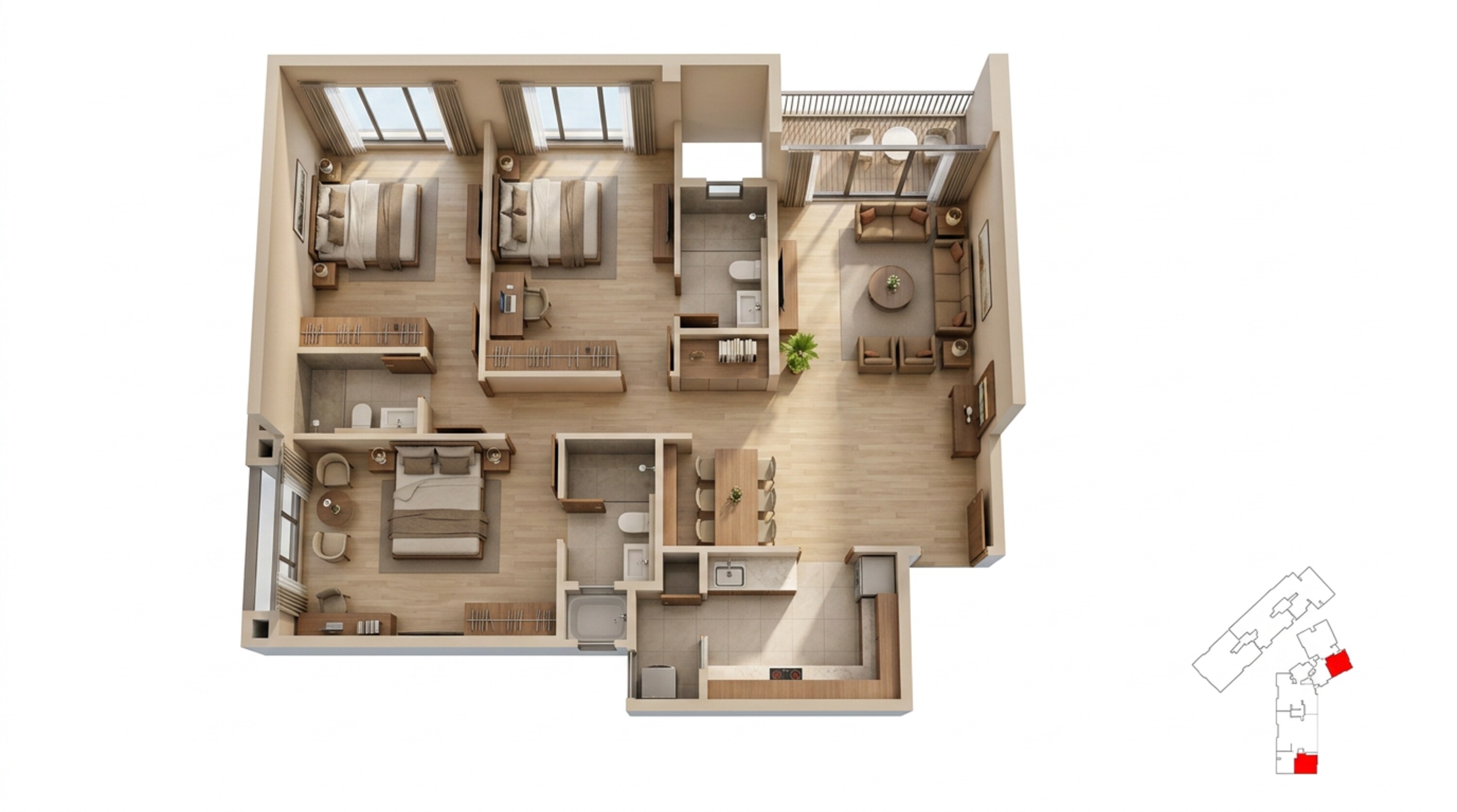 Floor plan of 3 BHK 1100 Sq. Ft. Apartment in Chandak Sarvam, Mumbai