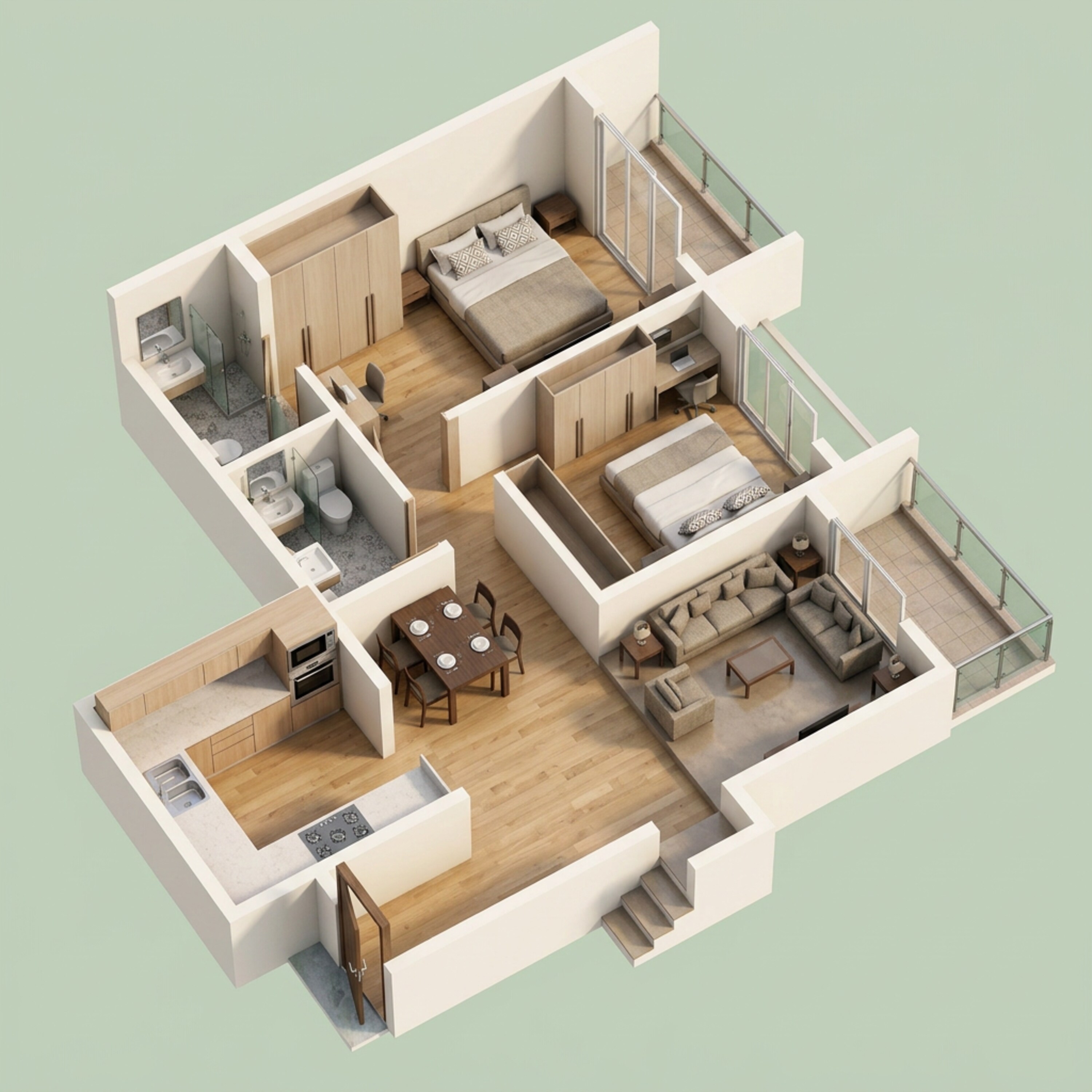 Floor plan of 2 BHK 895 Sq. Ft. Apartment in Kohinoor Woodshire, Pune