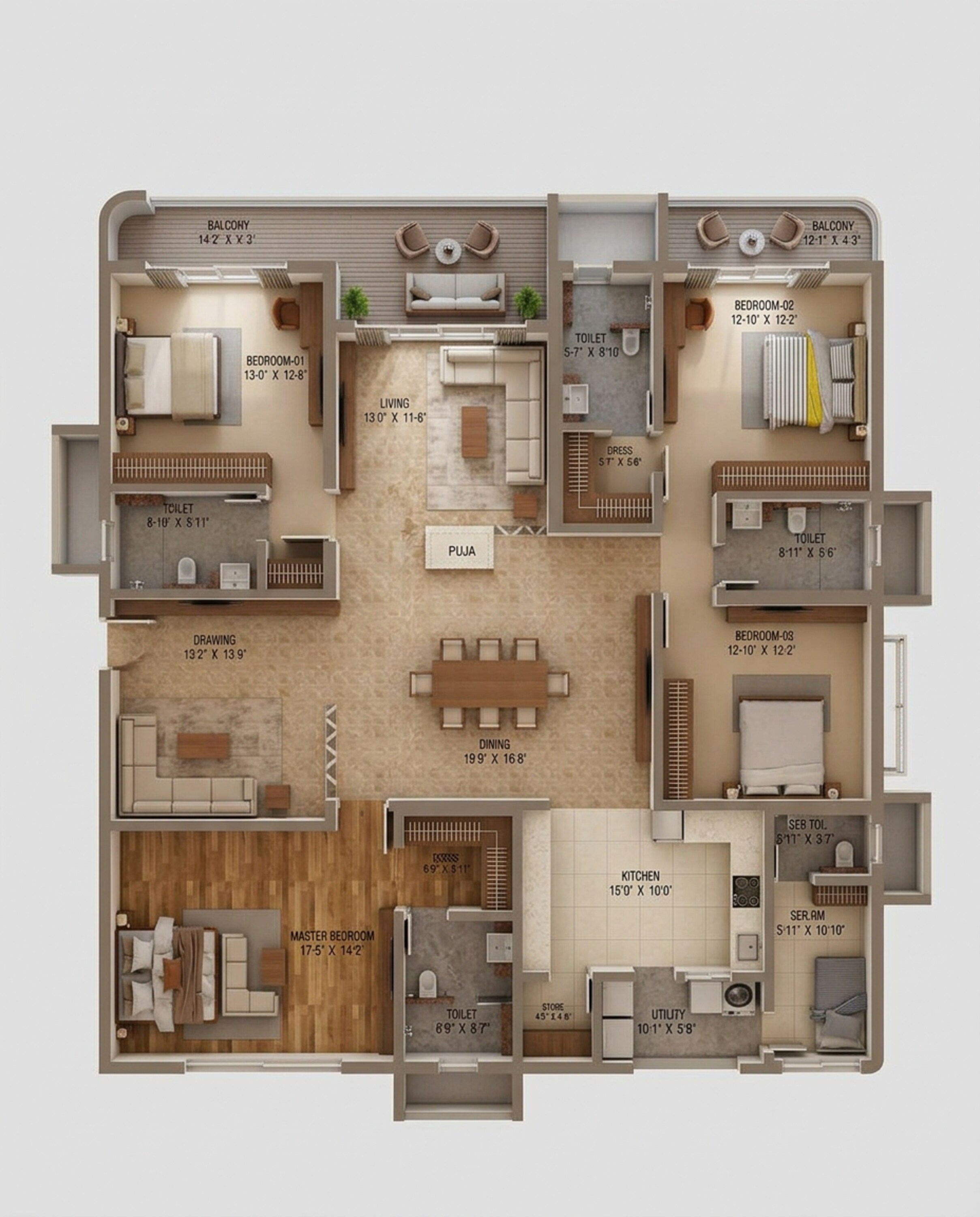 Floor plan of 4 BHK 3600 Sq. Ft. Apartment in Raghava Cinq, Hyderabad