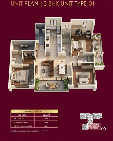 Floor plan of 3 BHK 1953 Sq. Ft. Apartment in Concorde Eleve, Bangalore