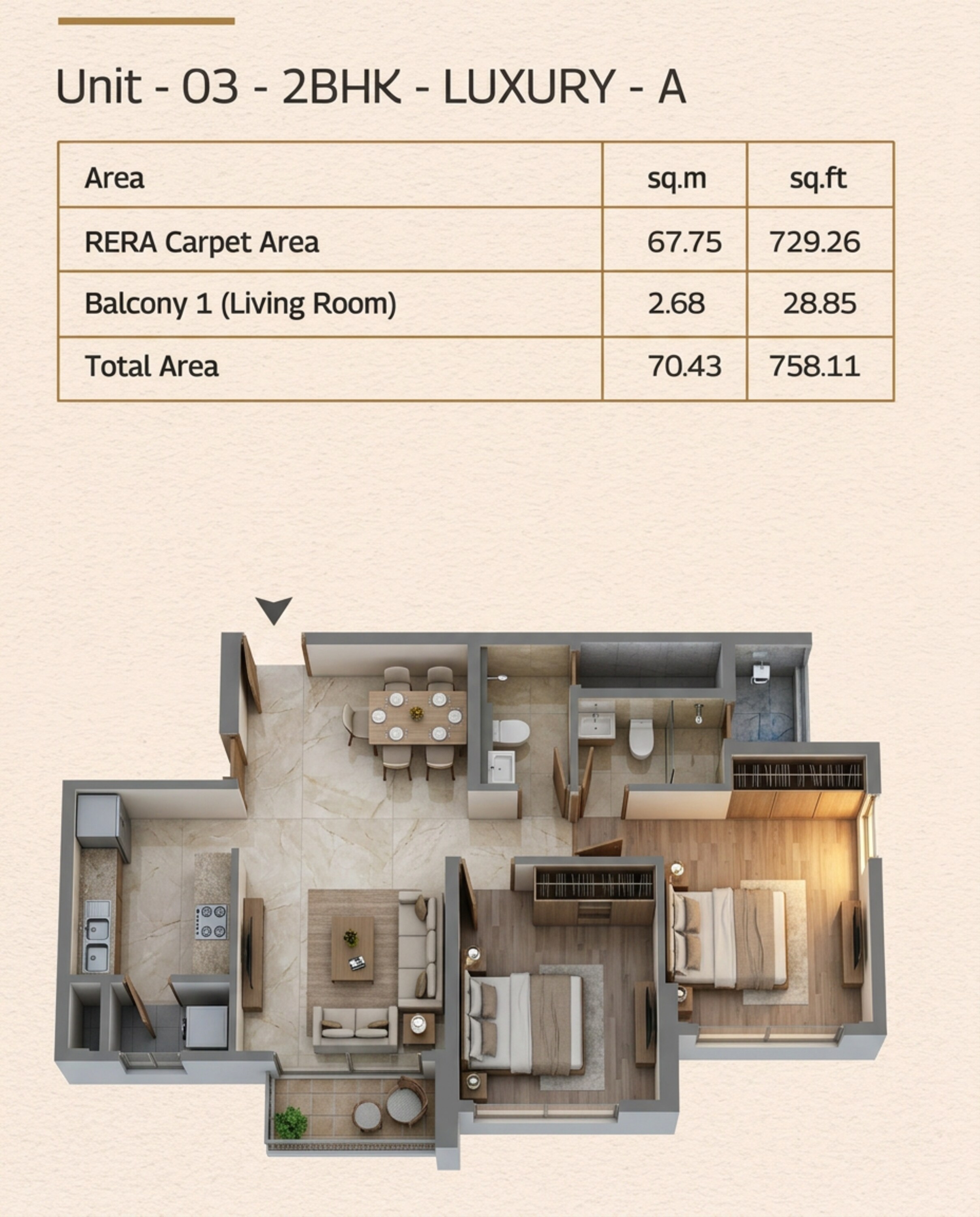 Floor plan of 2 BHK 758 Sq. Ft. Apartment in Mahindra Marina 64, Mumbai