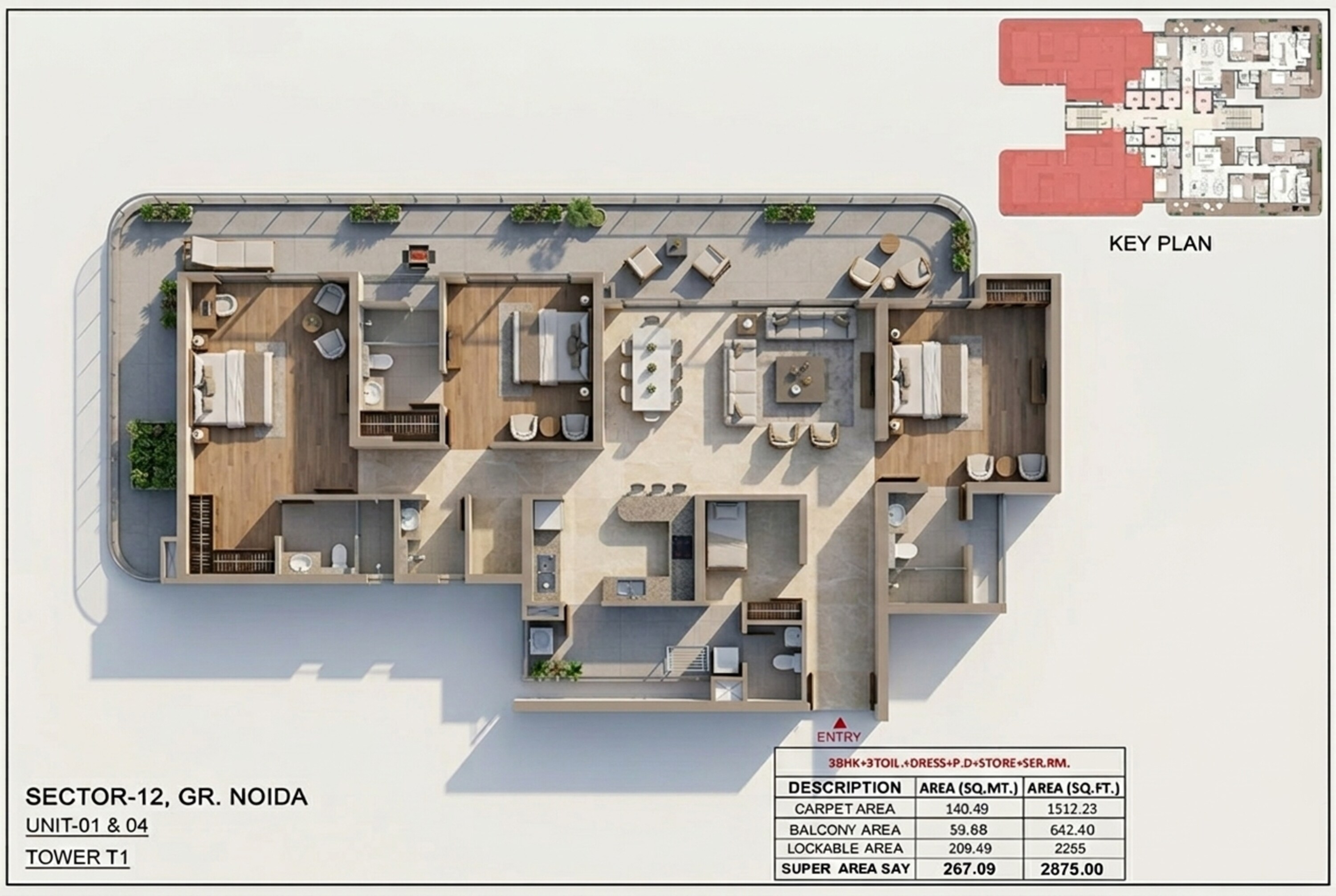 Floor plan of 3 BHK 2875 Sq. Ft. Apartment in Ashtech Presidential Towers, Greater Noida