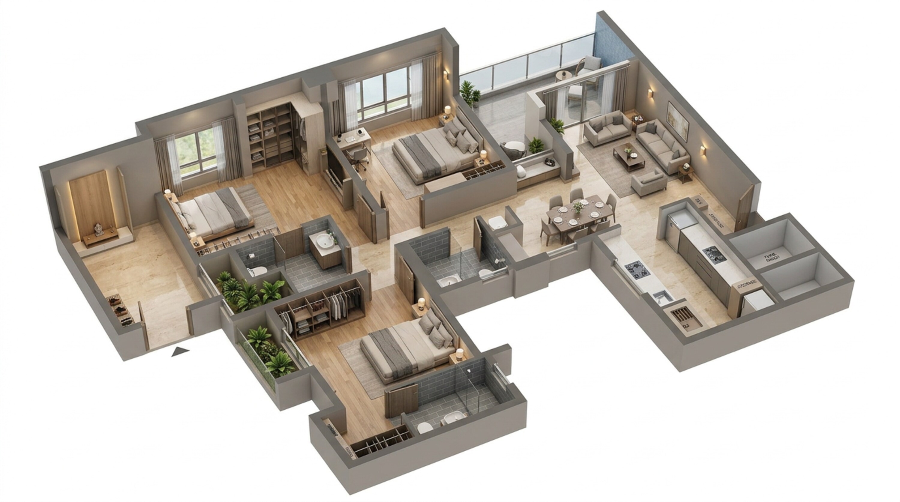Floor plan of 3 BHK 1085 Sq. Ft. Apartment in Vilas Javdekar Palladio La Viento, Pune
