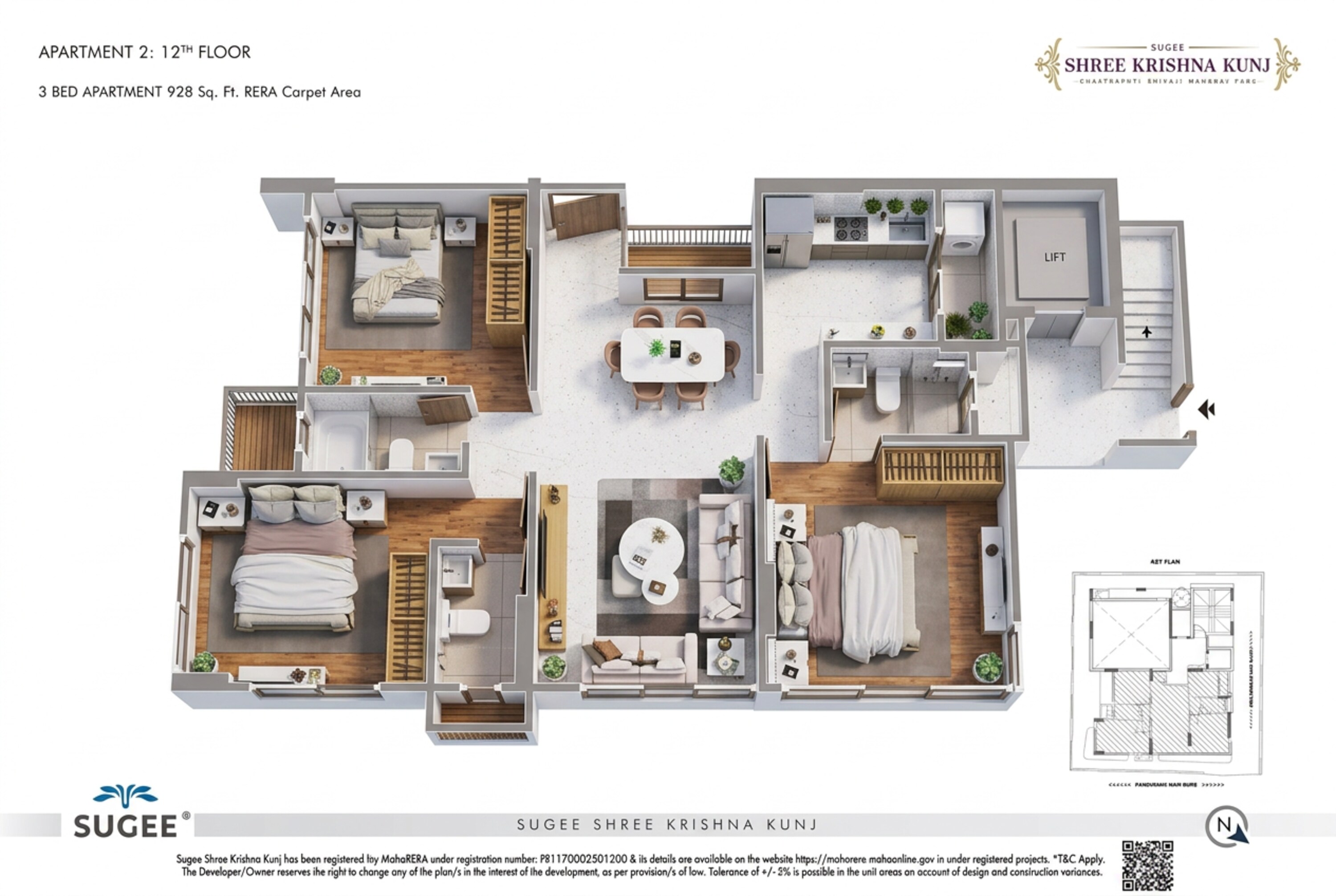 Floor plan of 3 BHK 928 Sq. Ft. Apartment in Sugee Shree Krishna Kunj, Mumbai