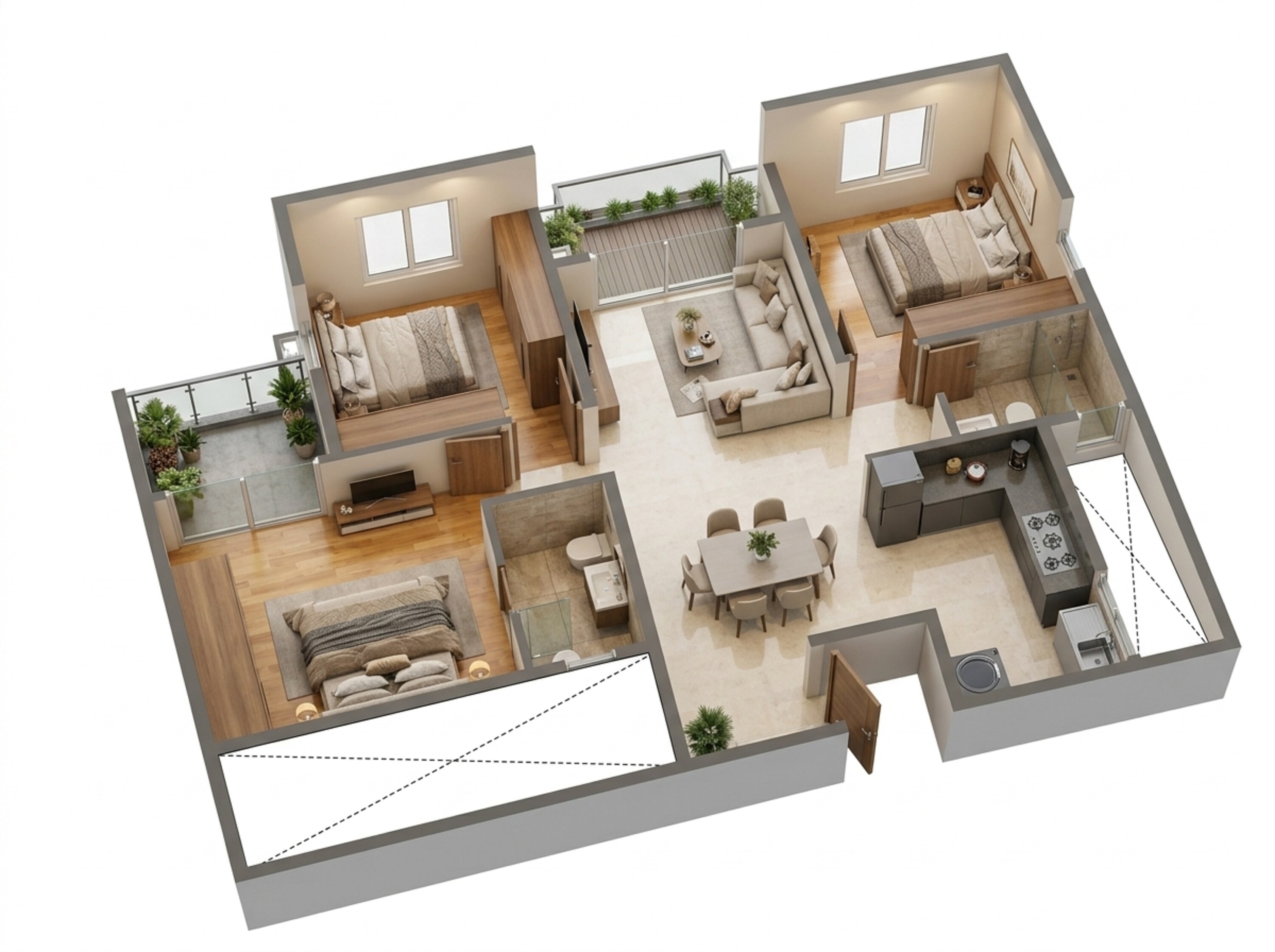 Floor plan of 3 BHK 1326 Sq. Ft. Apartment in Sowparnika Whispering Petals, Bangalore