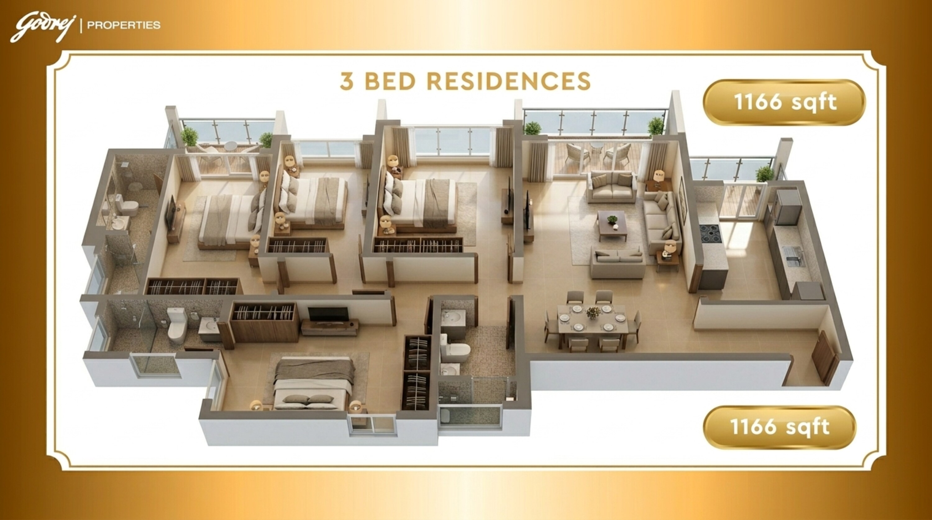 Floor plan of 3 BHK 1166 Sq. Ft. Apartment in Godrej Elaris, Pune