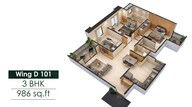 Floor plan of 3 BHK 986 Sq. Ft. Apartment in Nexus Genesis, Pune