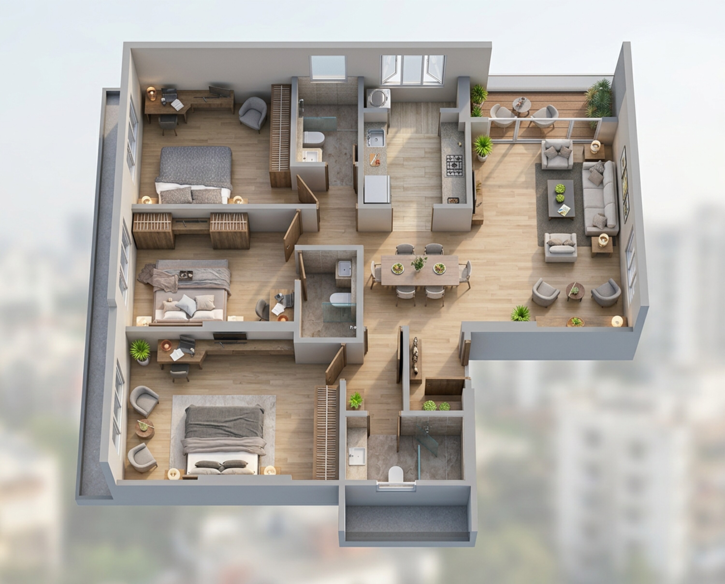 Floor plan of 3 BHK 1186 Sq. Ft. Apartment in Ekta Victoria, Mumbai