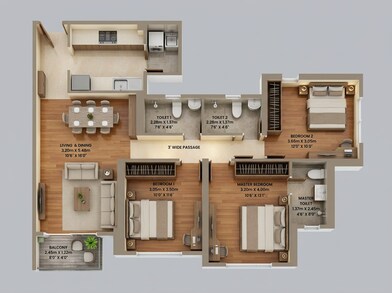 Floor plan of 3 BHK 911 Sq. Ft. Apartment in Mahindra Rainforest, Mumbai