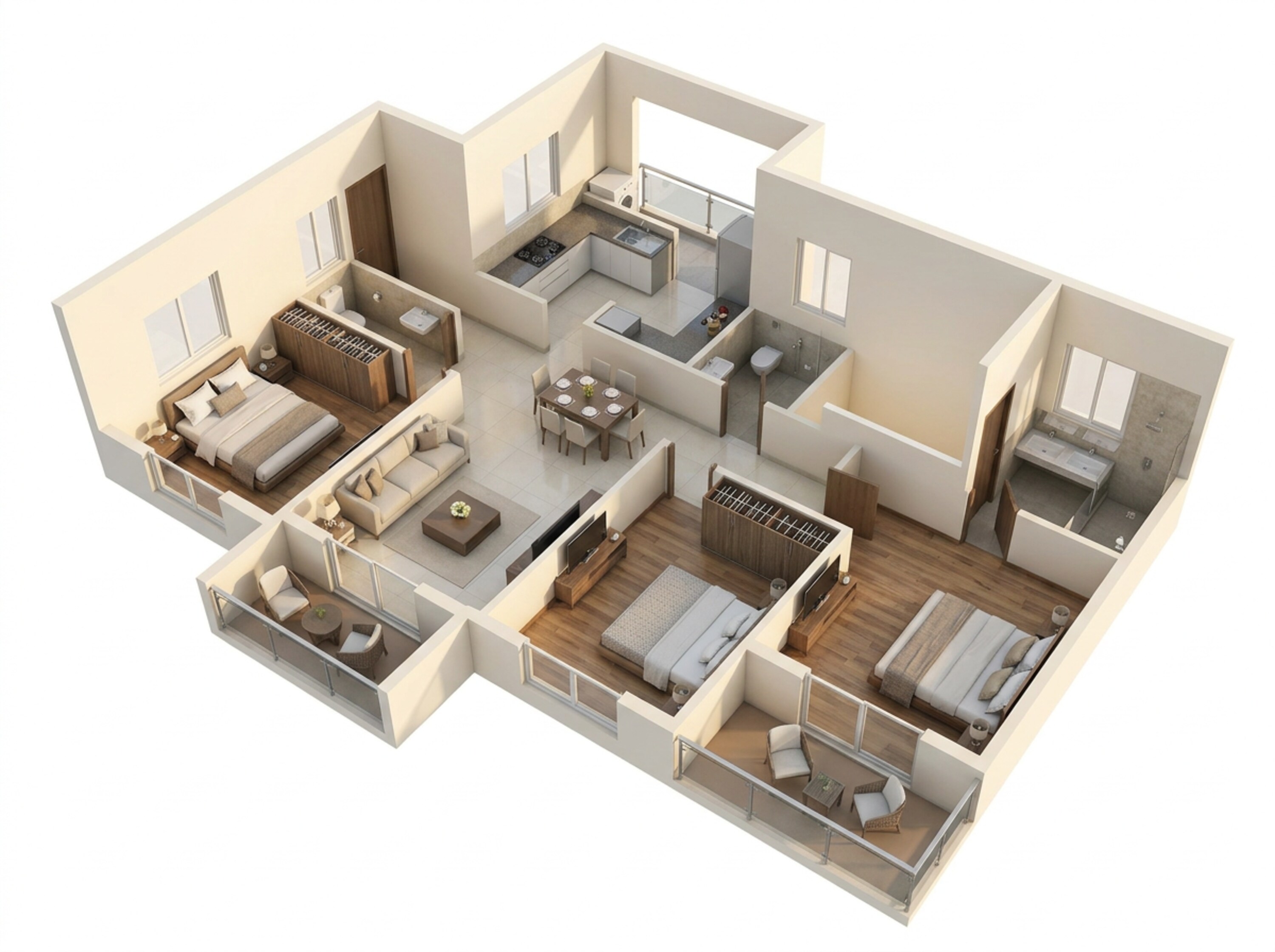 Floor plan of 3 BHK Apartment - 1052 sq. ft. in Shapoorji Pallonji Joyville Vyomora, Pune