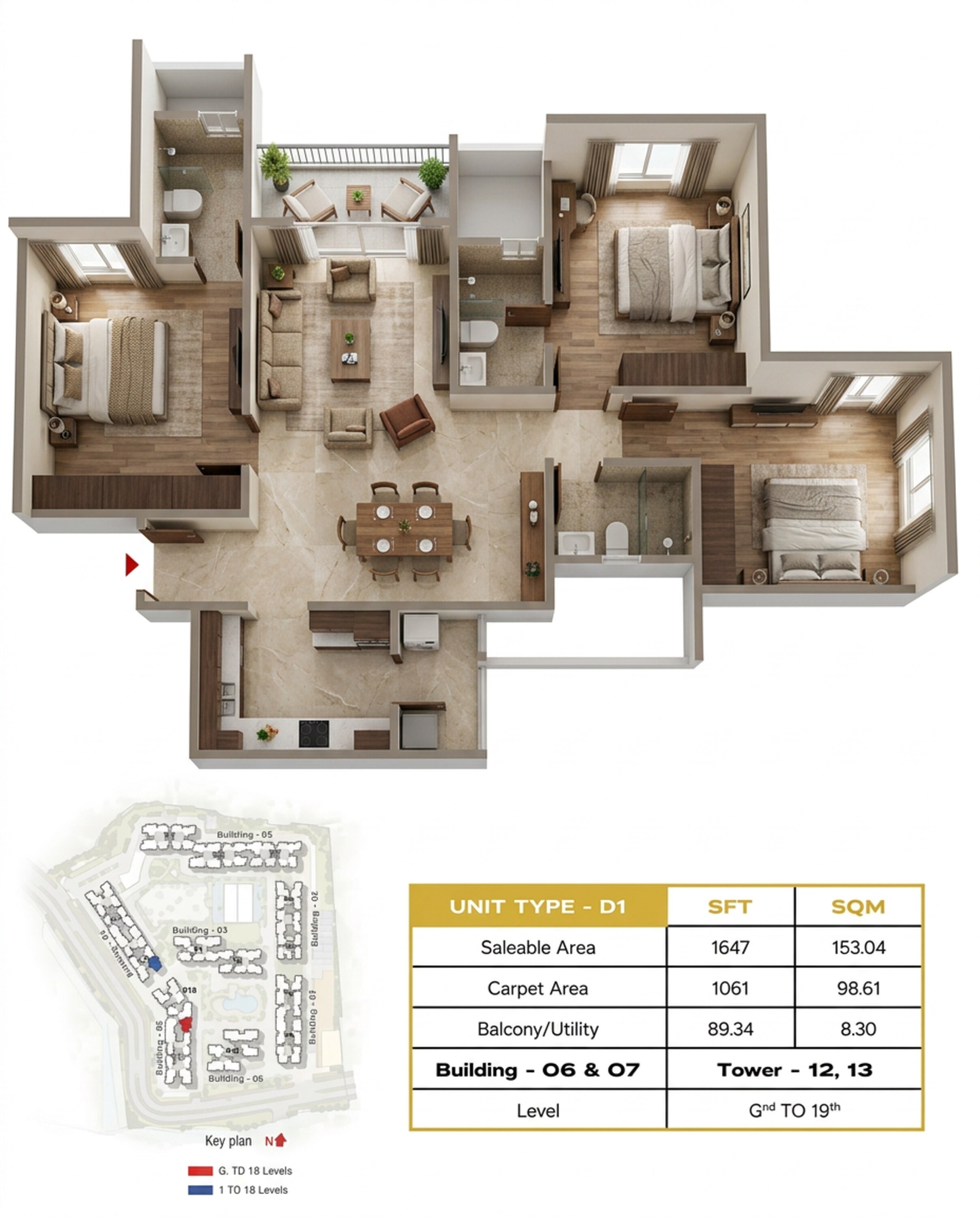 Floor plan of 3 BHK 1647 Sq. Ft. Apartment in Prestige Evergreen, Bangalore