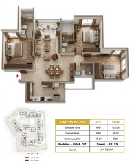 Floor plan of 3 BHK 1647 Sq. Ft. Apartment in Prestige Evergreen, Bangalore