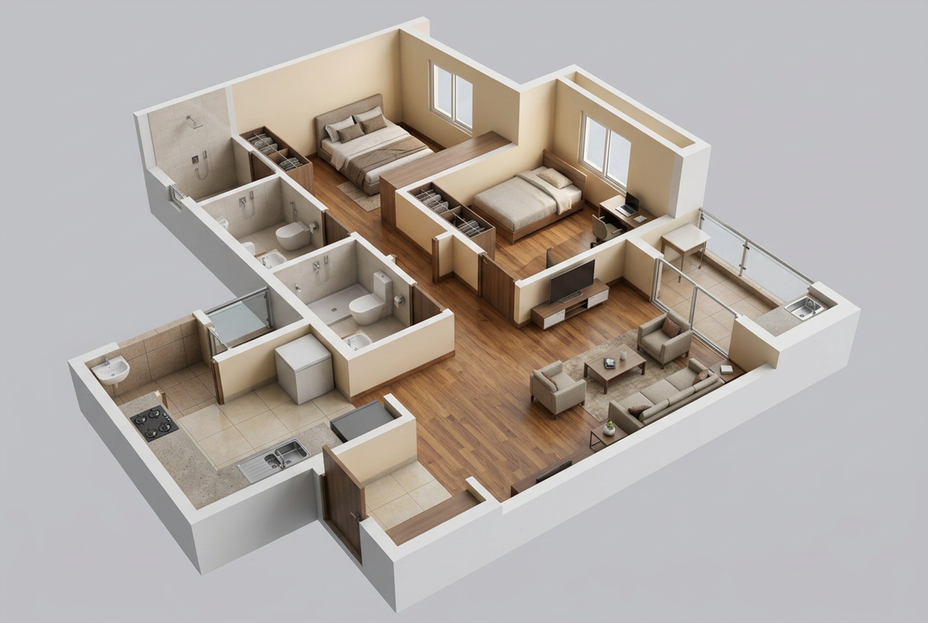 Floor plan of 2 BHK 665 Sq. Ft. Apartment in Godrej Hillside 3, Pune