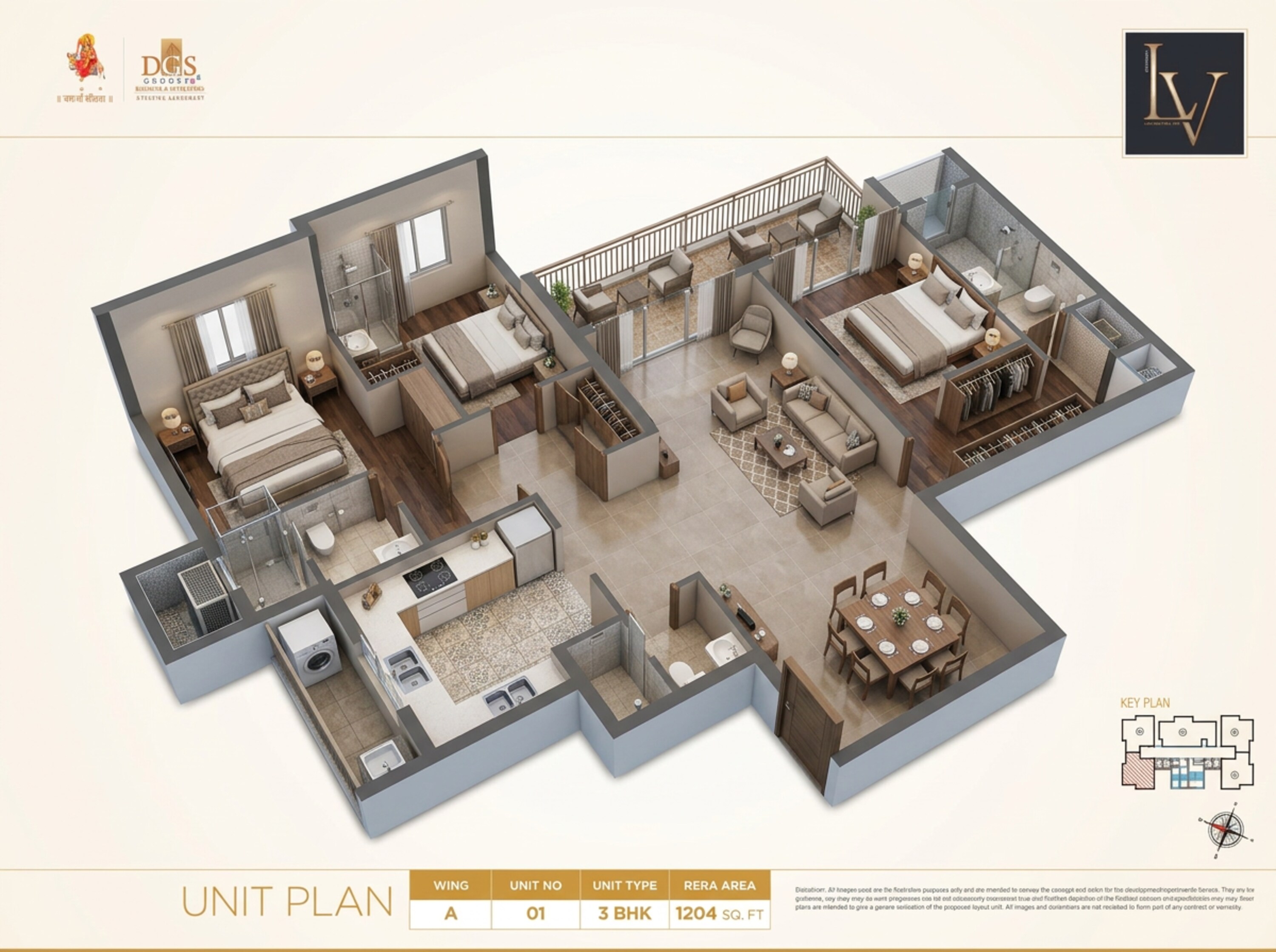 Floor plan of 3 BHK 1204 Sq. Ft. Apartment in DGS Sheetal Elara, Mumbai