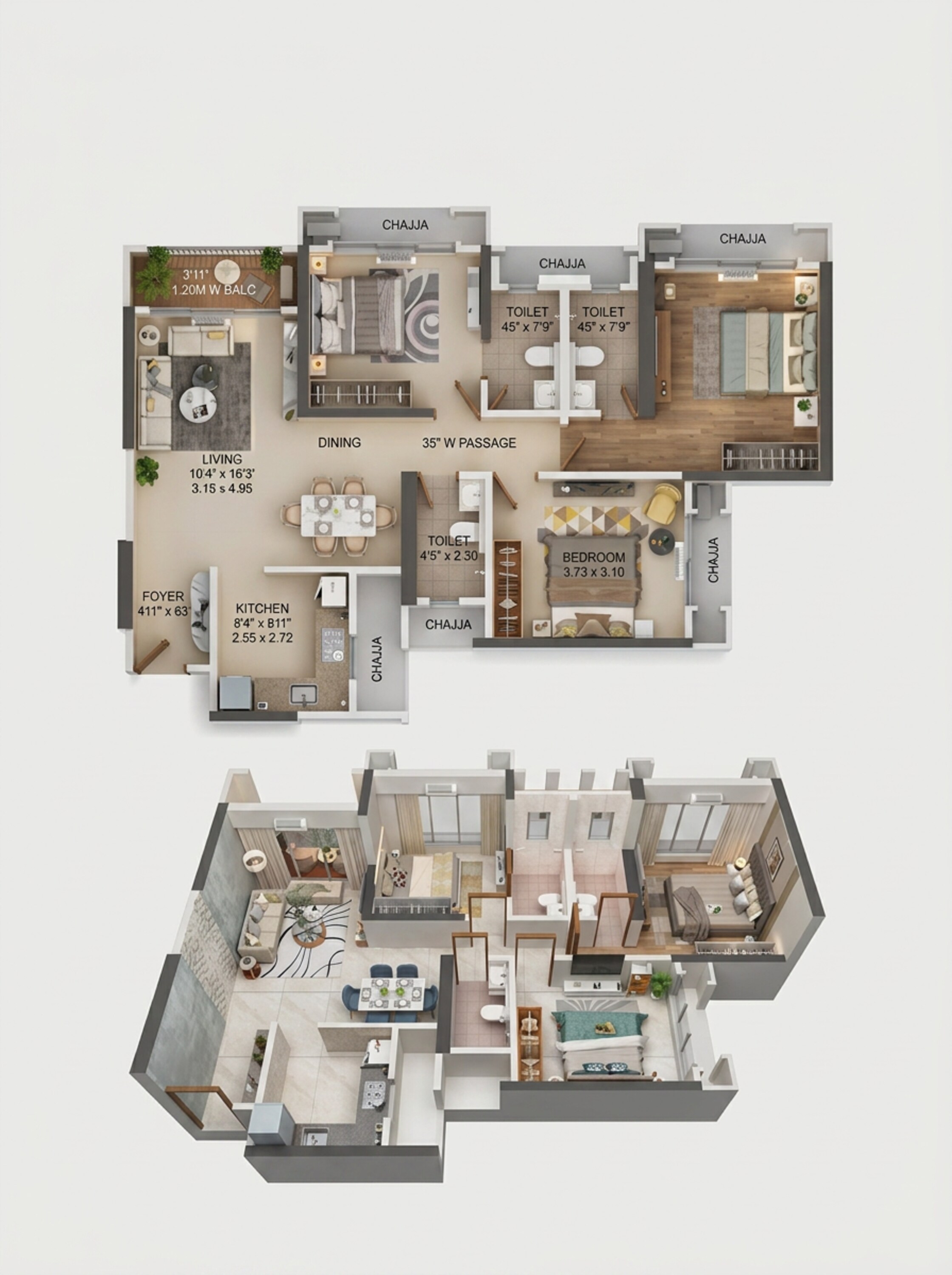 Floor plan of 3 BHK 973 Sq. Ft. Apartment in Dosti Maple, Thane